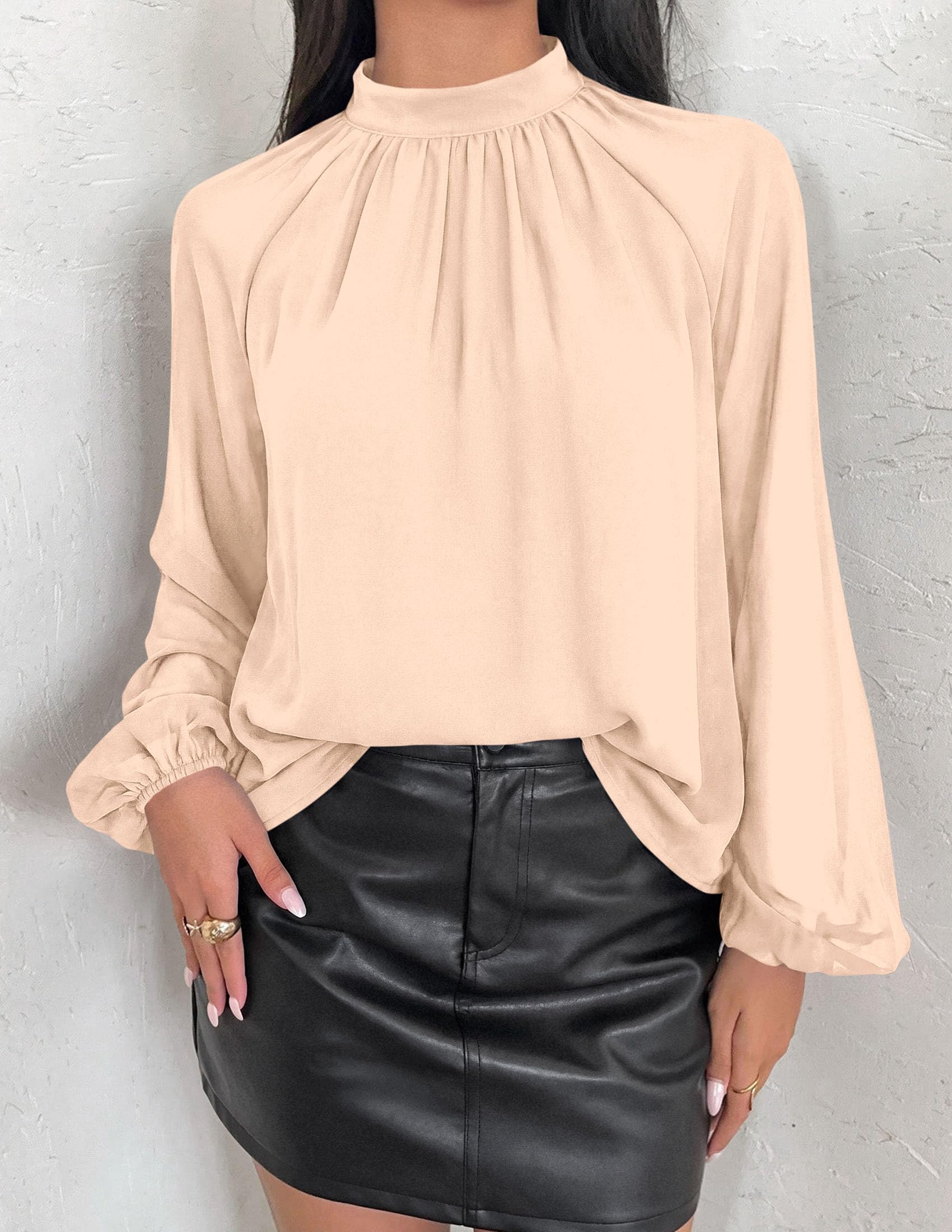 Chiffon Blouses for Women Dressy Casual Mock Neck Tops Beige