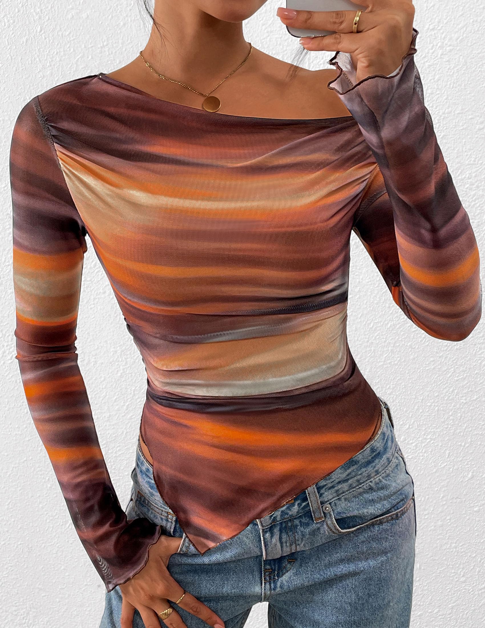Womens Off Shoulder Mesh Y2k Tops,Floral Brown,M