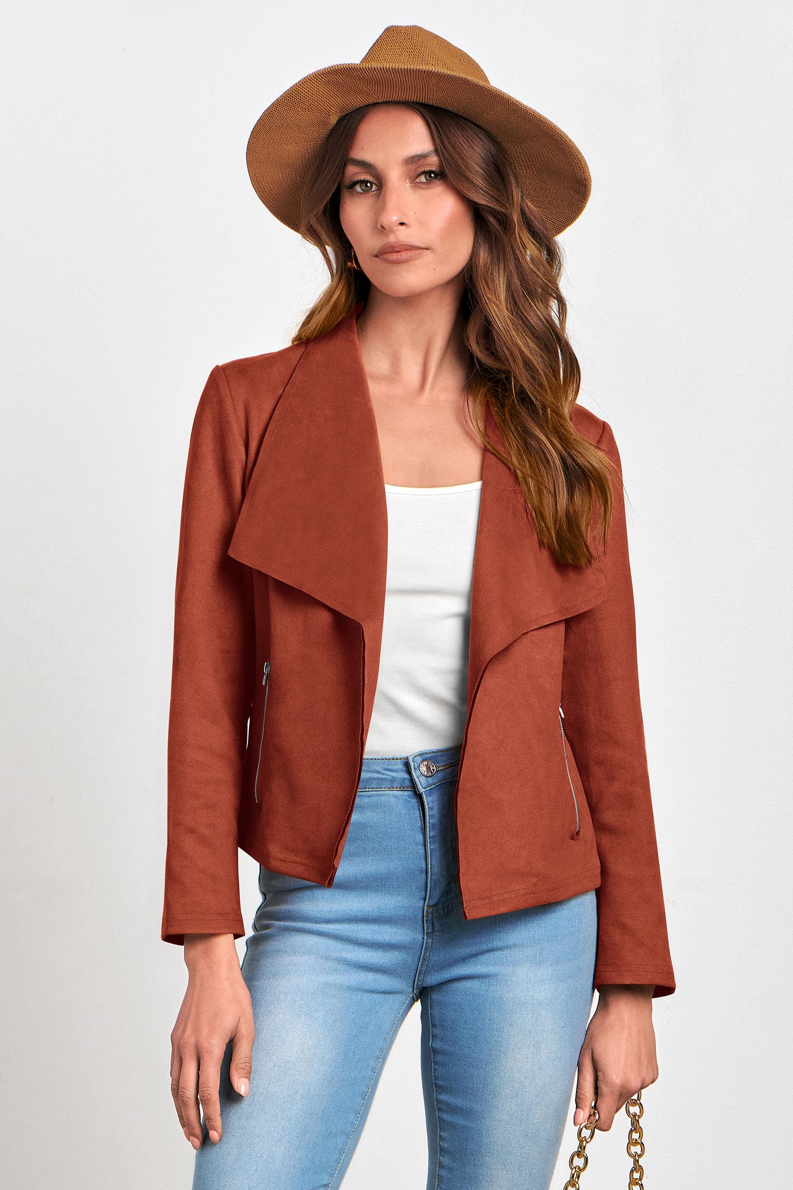 Women's Fall Fashion Faux Suede Jackets(Rust Red,Small)