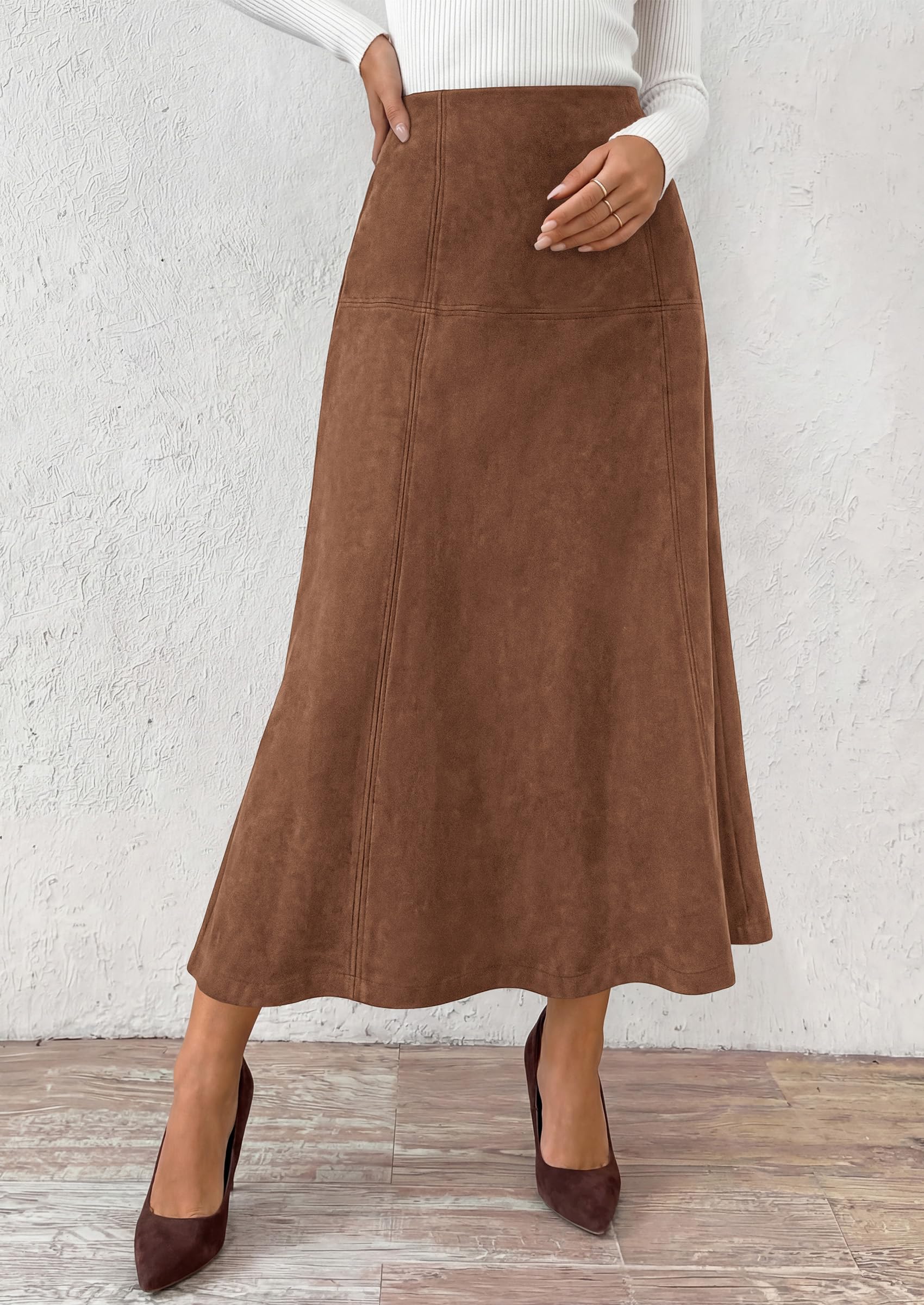 Womens High Waist Faux Suede A Line Midi Skirt,Brown,S