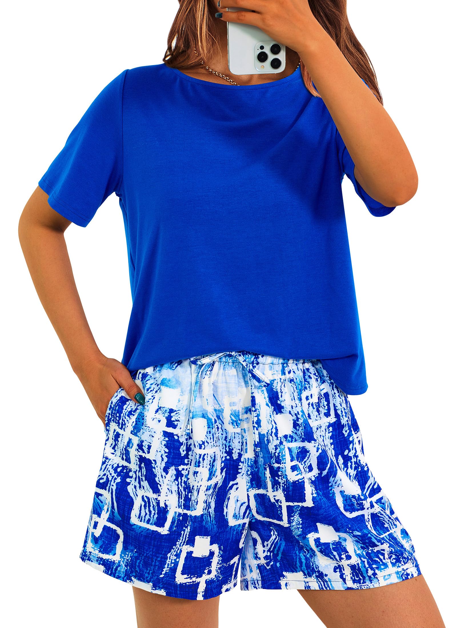 Women's Summer 2 Piece Outfits Short Sets Blue,Small