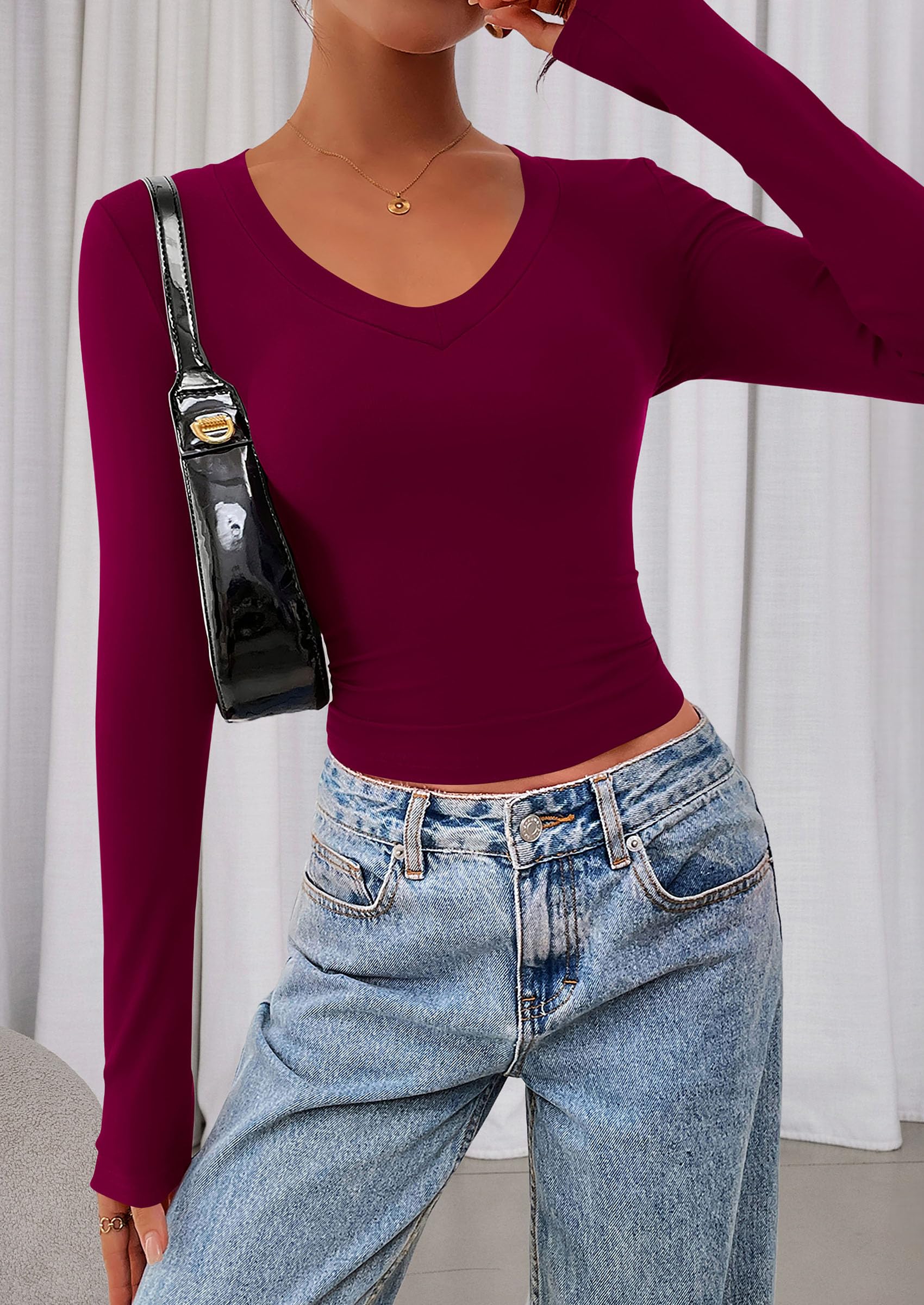 Womens Long Sleeve Slim Fit Crop Tops,Wine Red,XS
