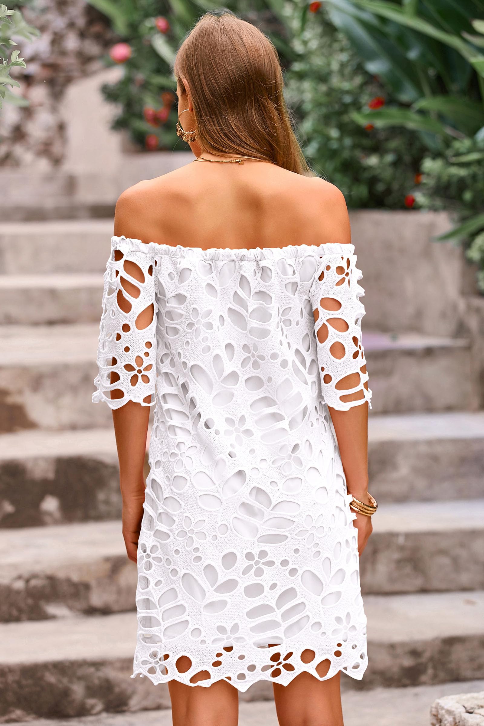 Women's Boho Off the Shoulder Lace Mini Dress, White,L