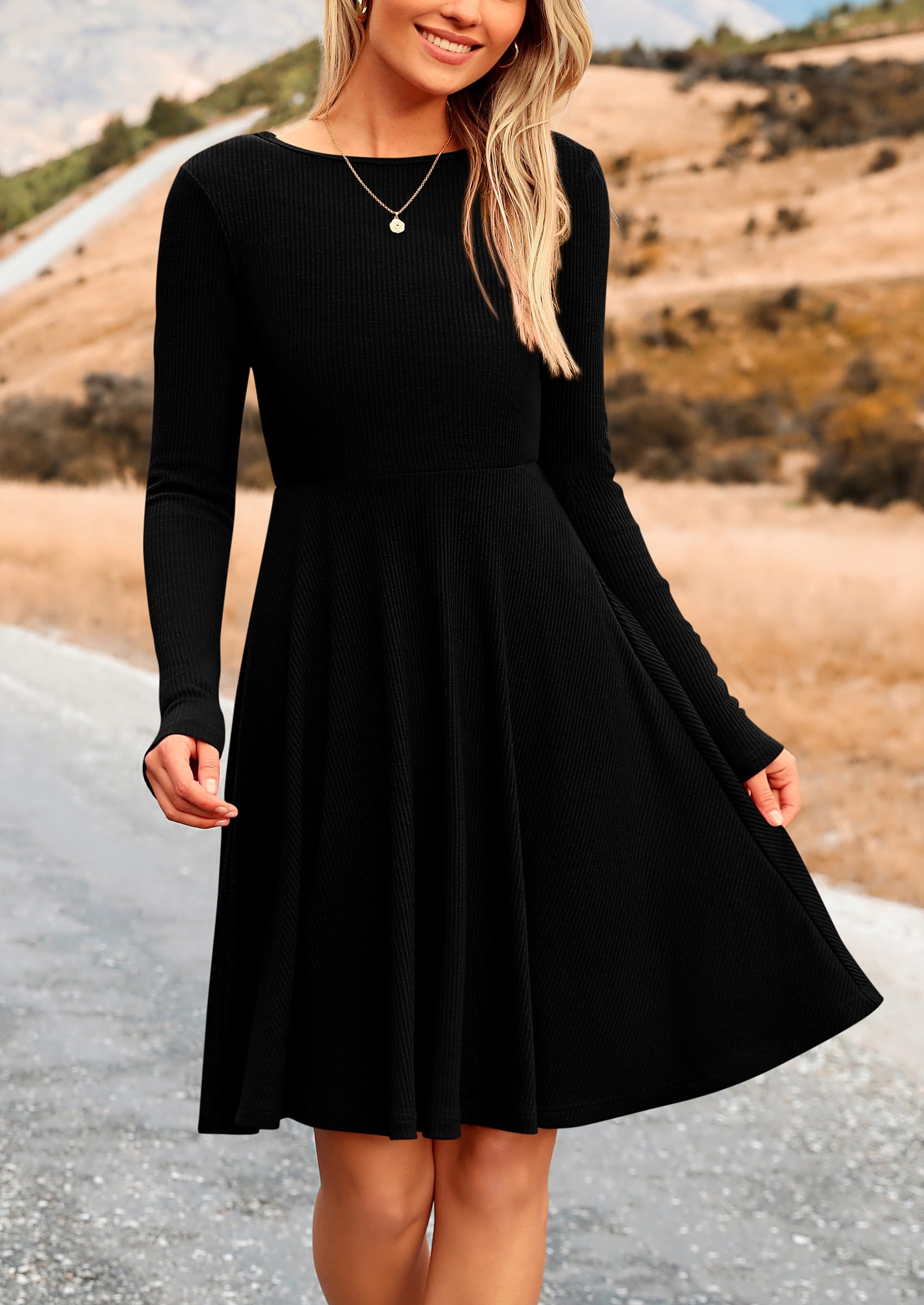 Women's Fall Casual Long Sleeve Short Dress (Black,S)