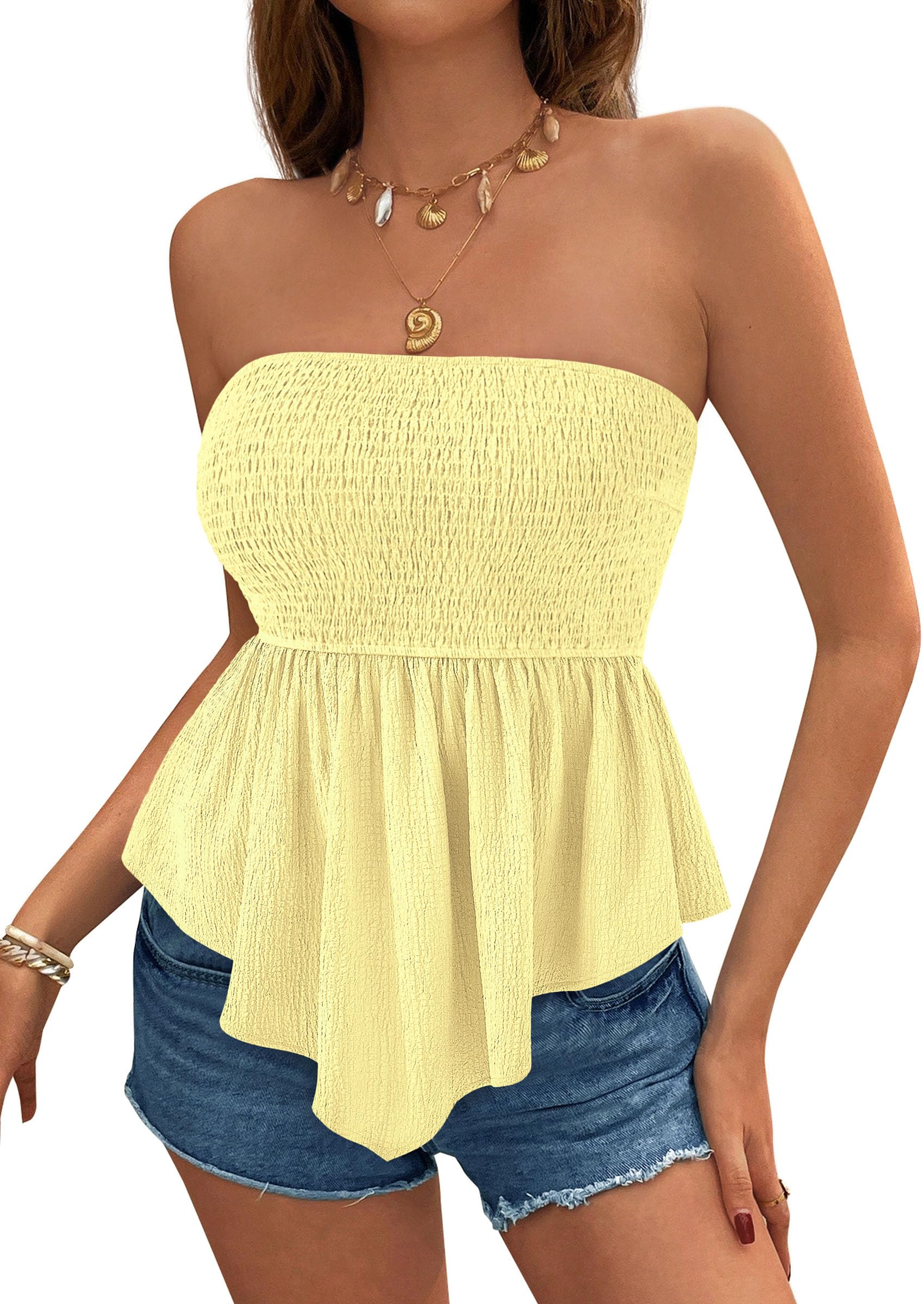 Women's Strapless Smocked Peplum Tube Top, Yellow,M