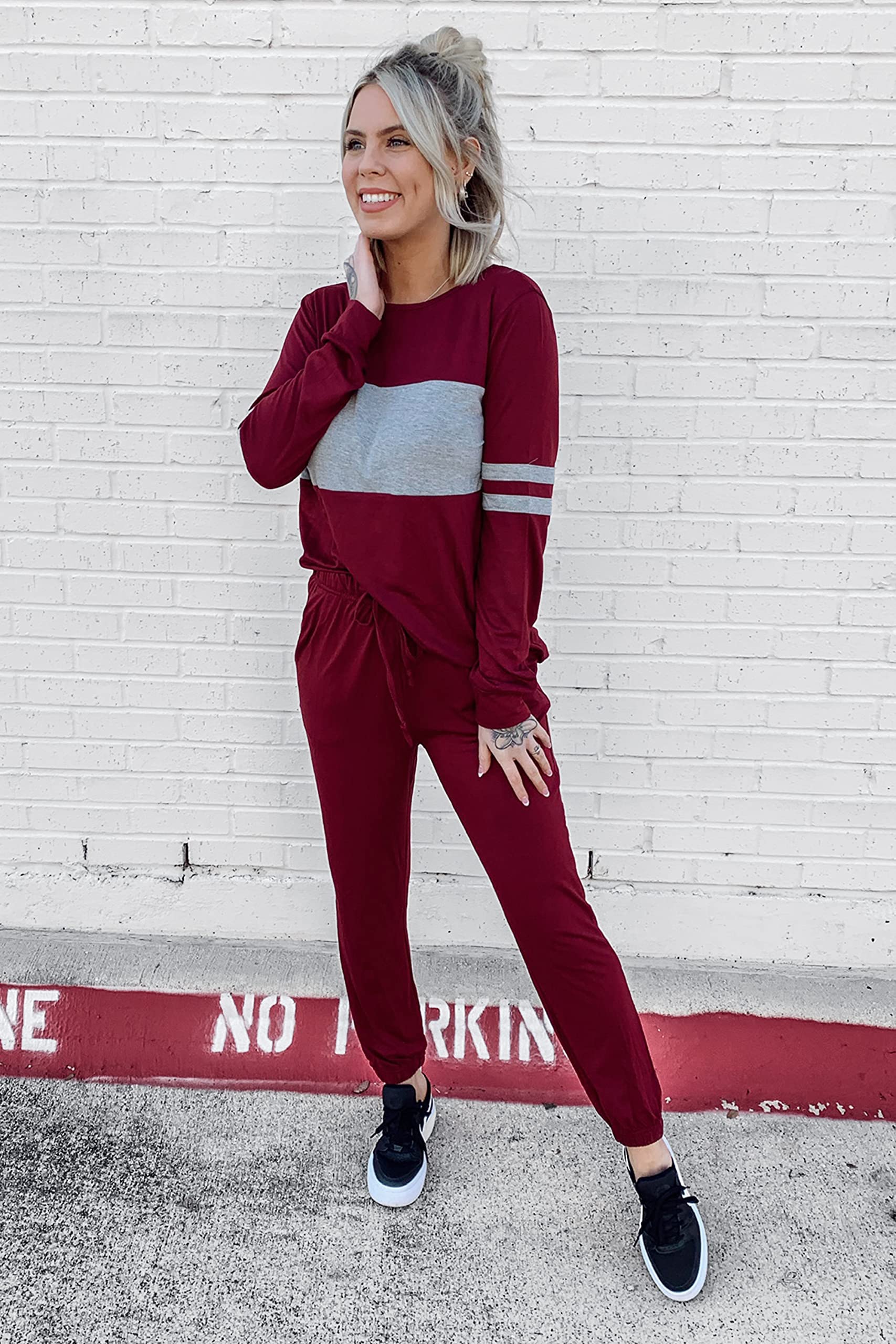 Women Color Block 2 Piece Sets Tracksuit,Wine Red,S