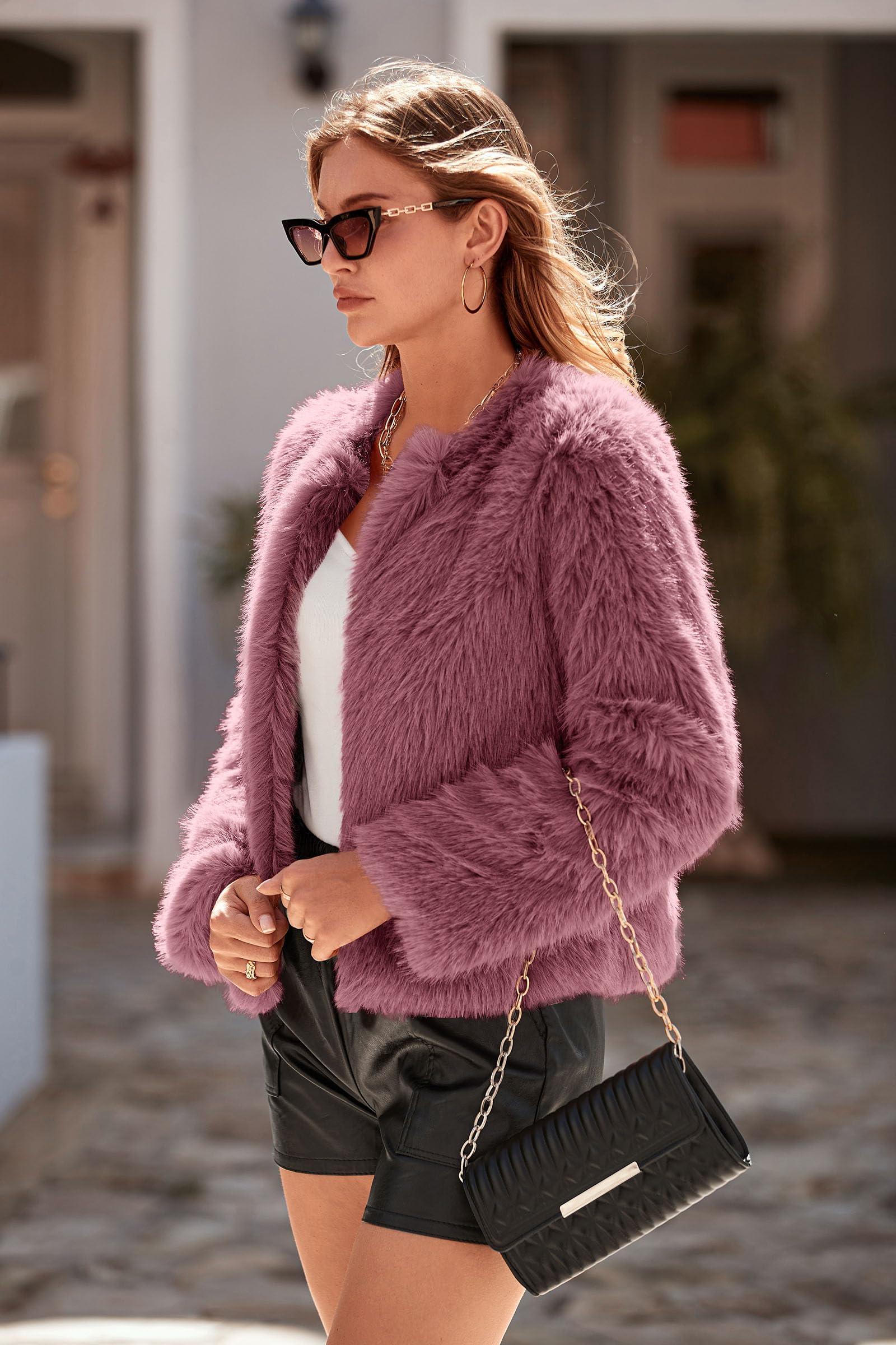 Women's Winter Cropped Faux Fur Coats(Bean Paste Red,Small)