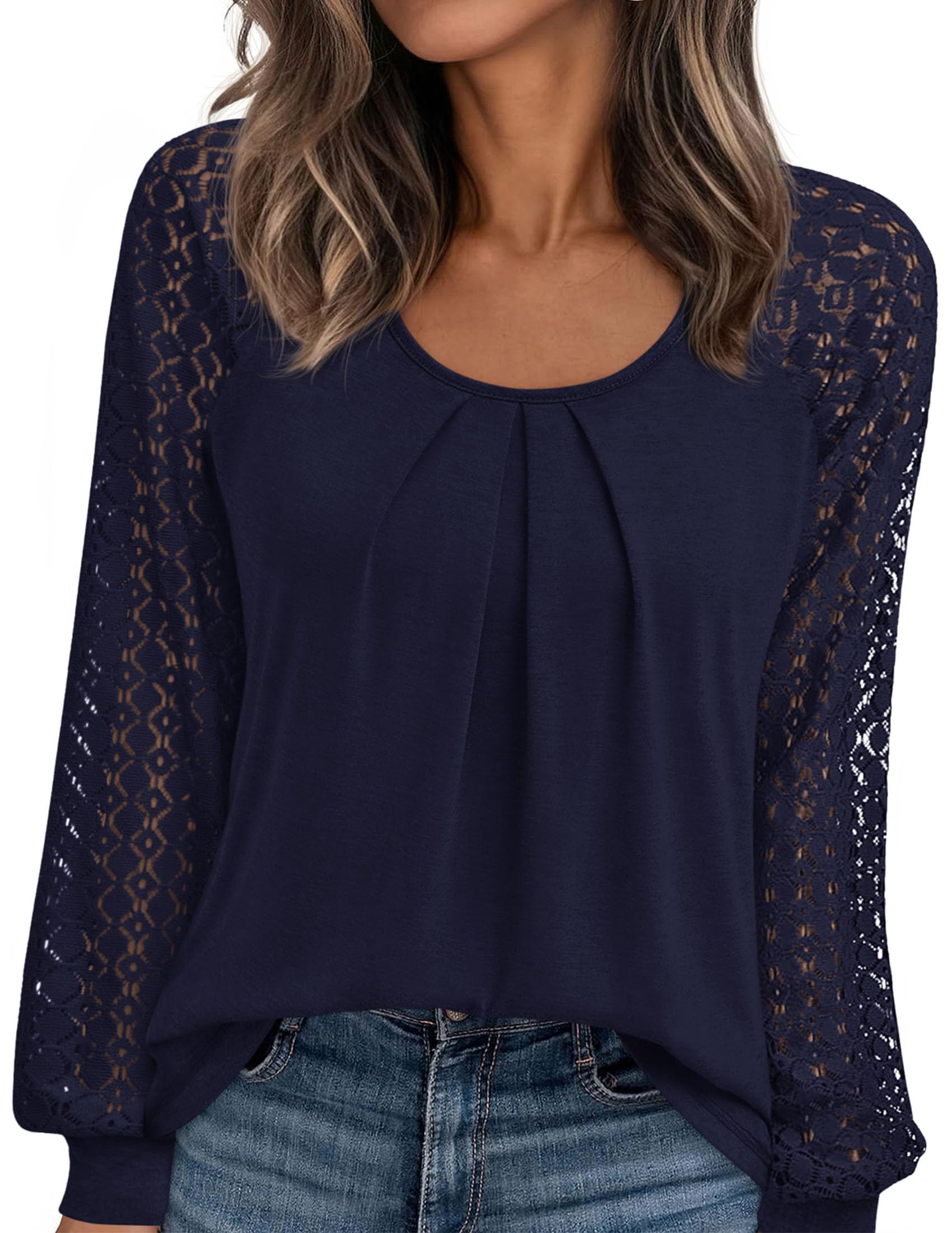 Women's Long Sleeve Shirts Fall Lace Tops,Navy Blue,S