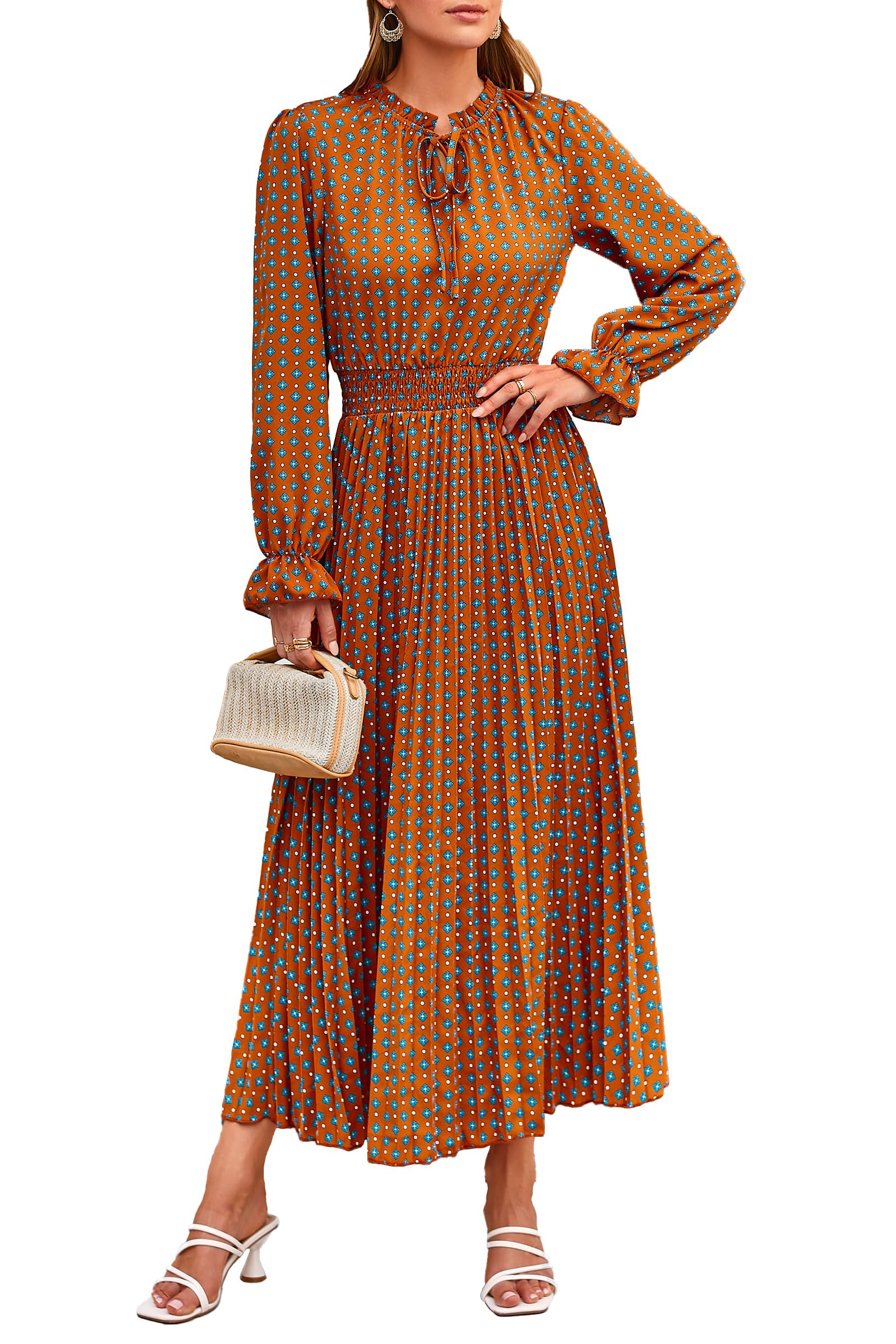 Women's Fall Midi Wedding Guest Dress(Brown Blue Floral,S)