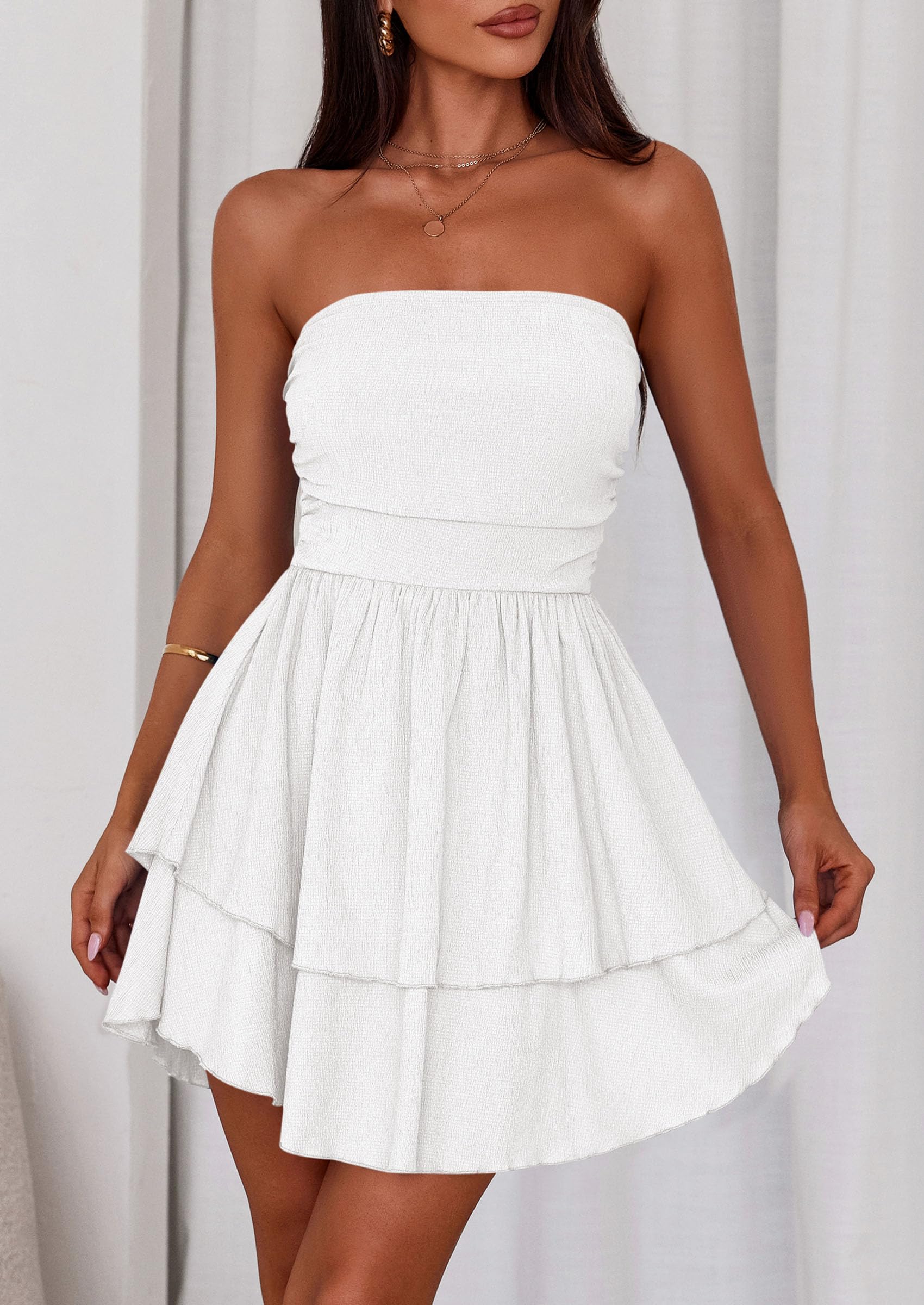 Women's Summer Strapless Flowy Mini Dresses (White,S)