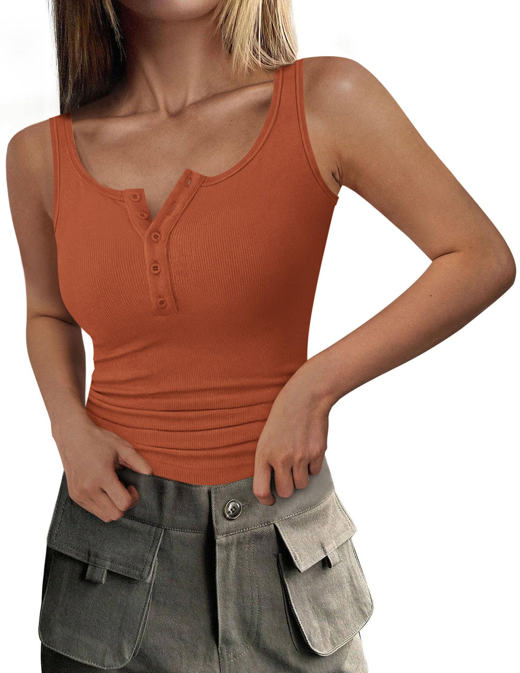 Womens Button Up Sleeveless Henley Tank Tops,Orange Red,S
