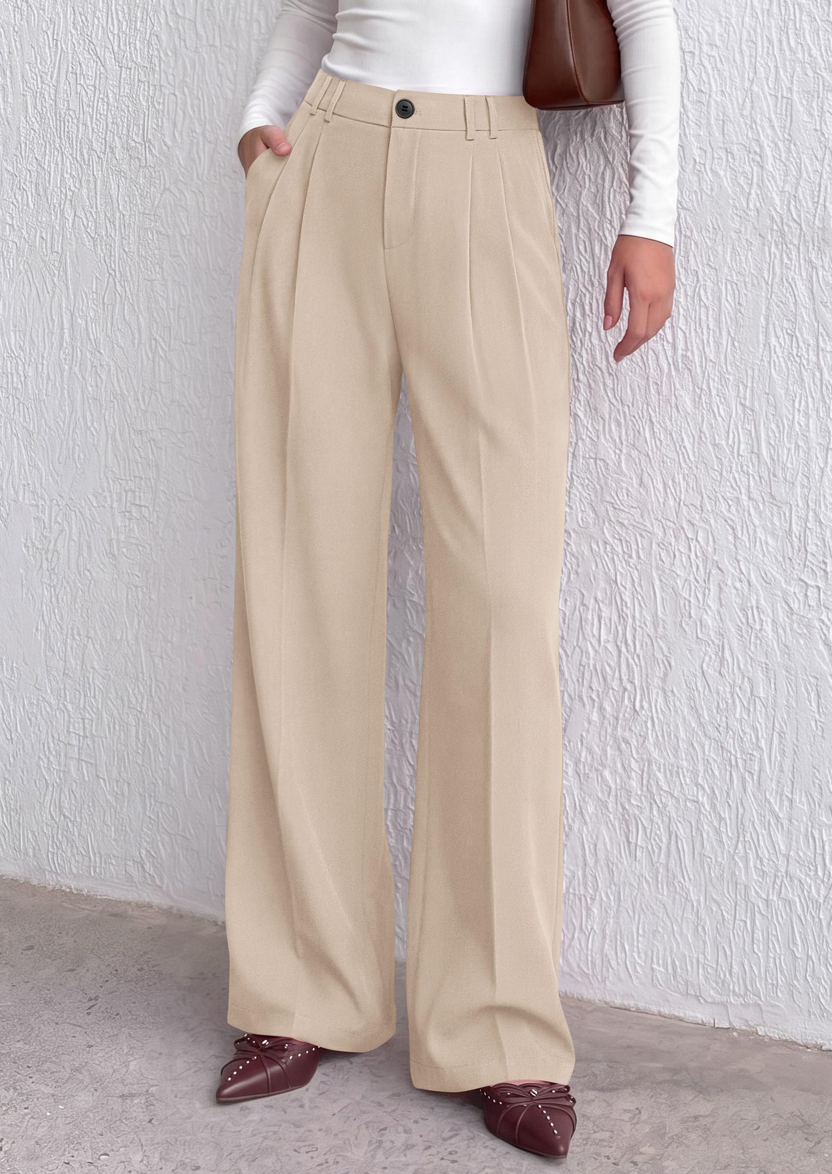 Women's Dress Pants Wide Leg Flowy Trousers,Beige,S