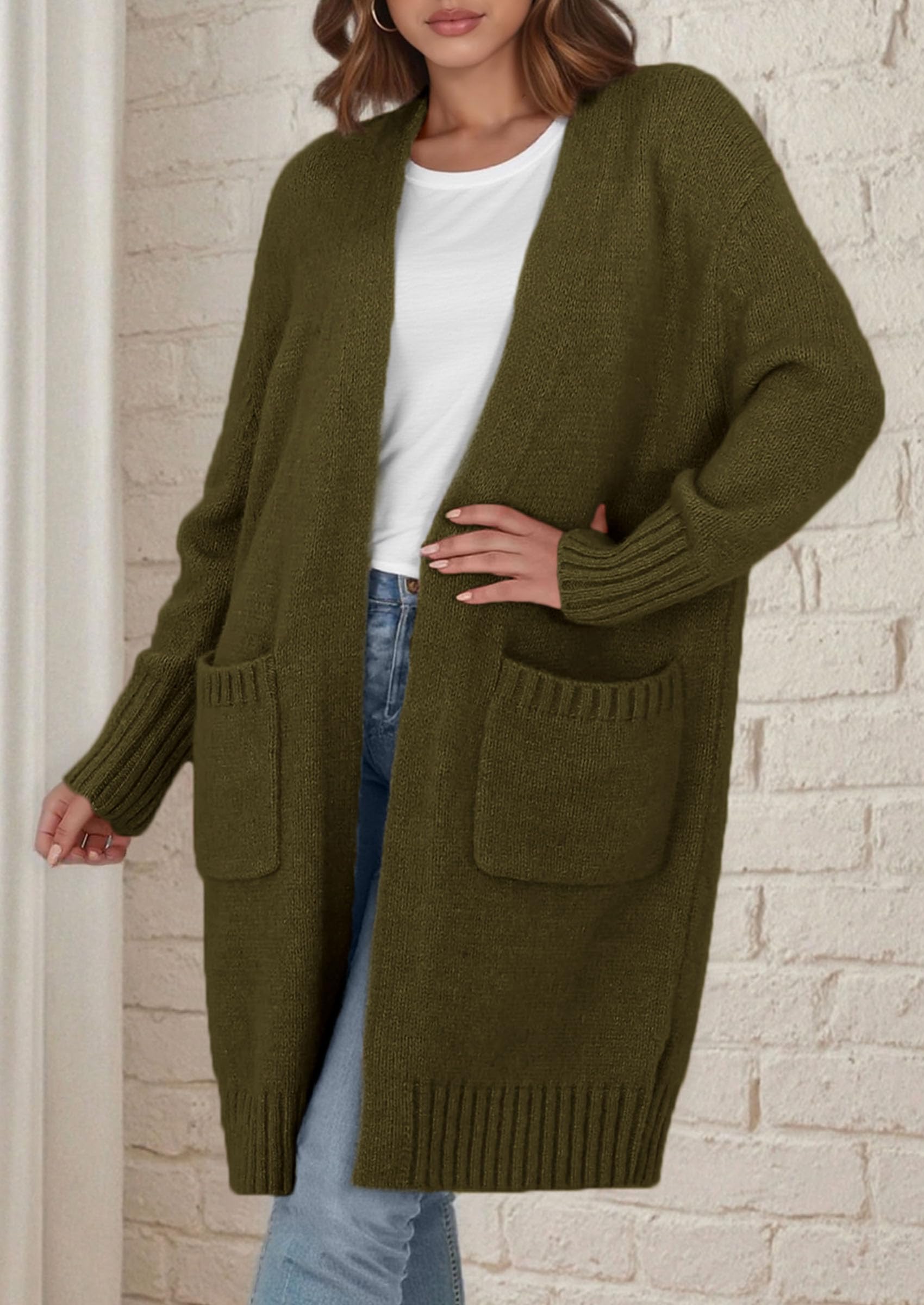 Open Front Cardigan Sweaters for Women,Army Green,S