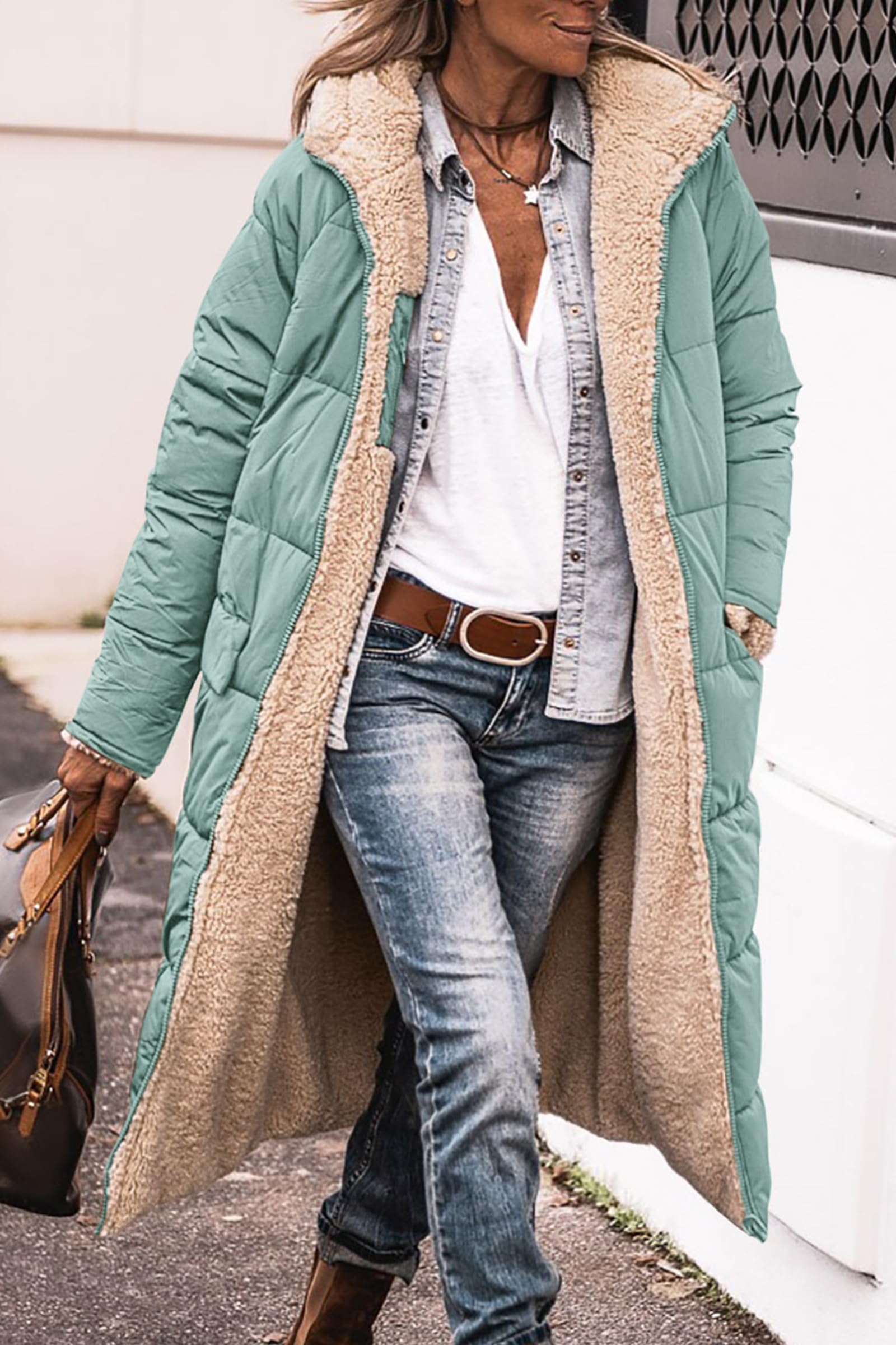 Women's Winter Fleece Warm Long Coats(Grey Green,Small)