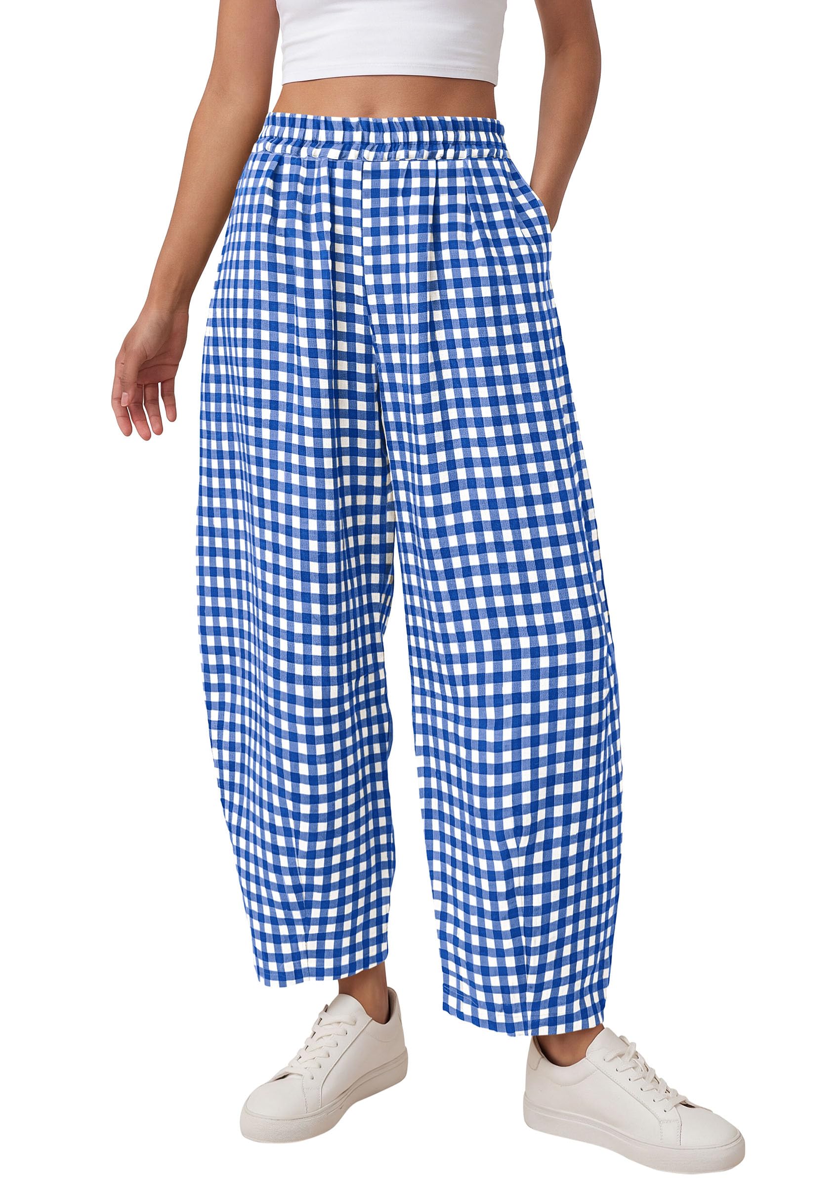 Plaid Barrel Pants Women Summer Bottoms, Blue Plaid,S