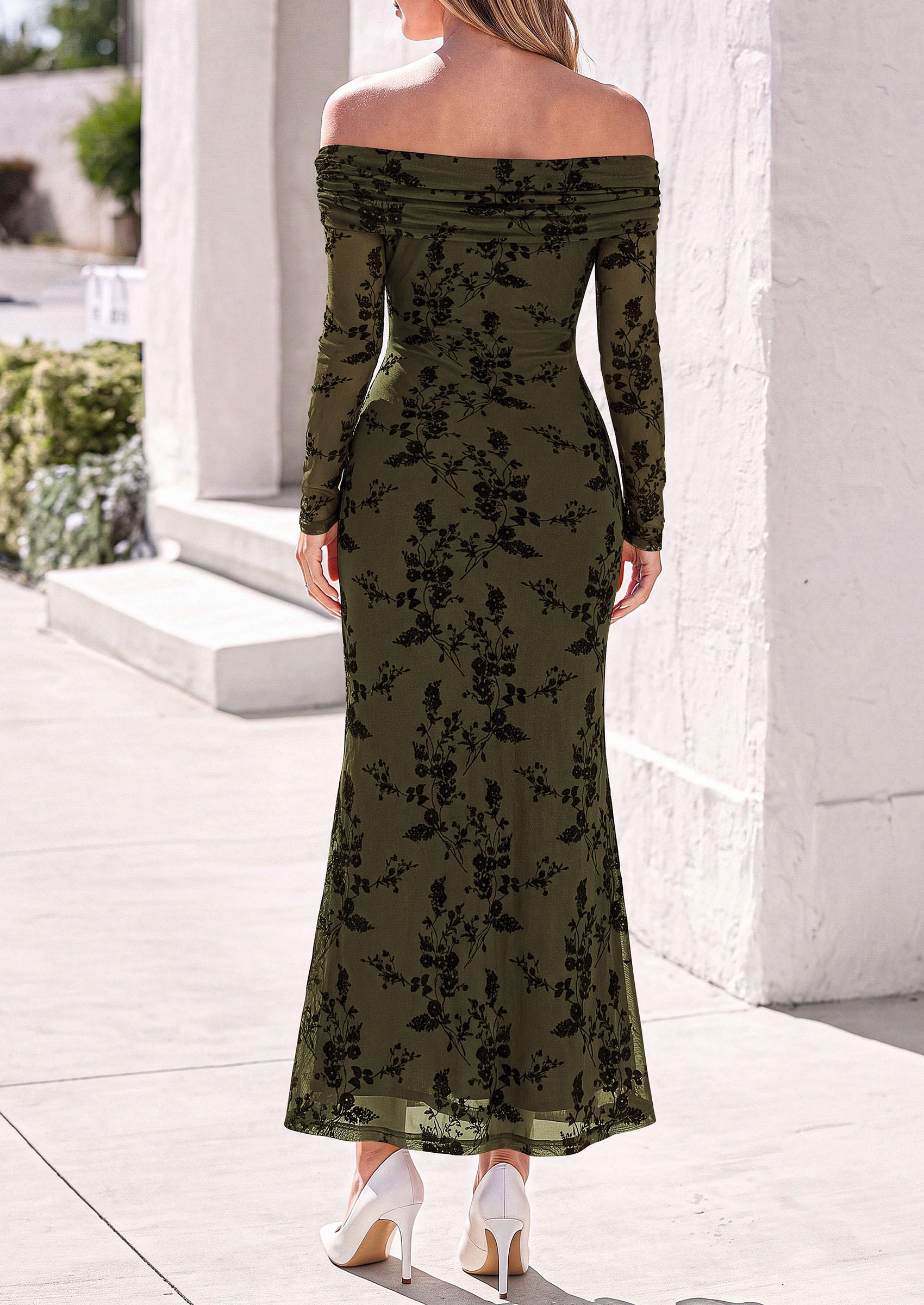 Womens Fall Off Shoulder Floral Maxi Wedding Guest Dress