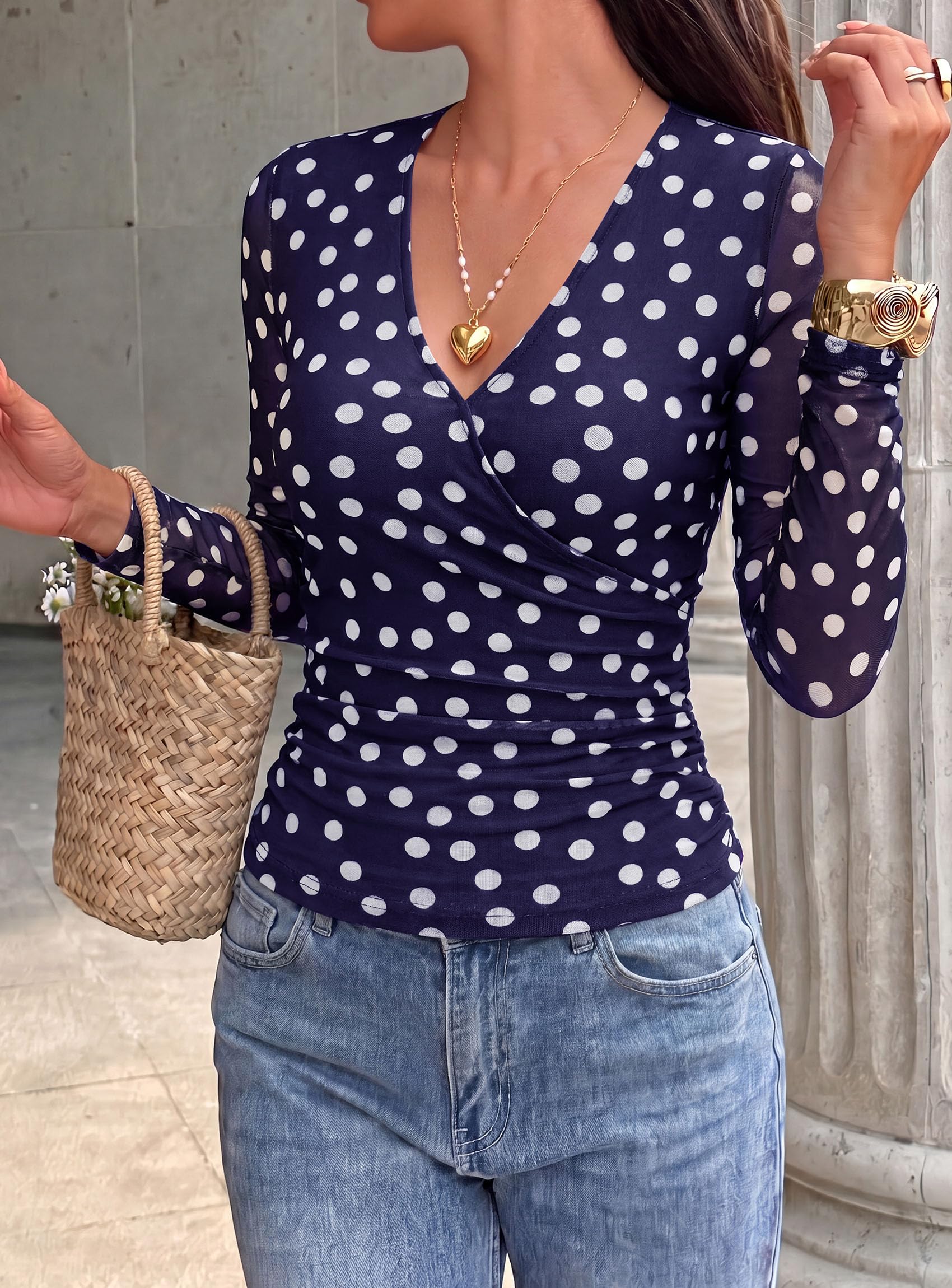 Womens Mesh Wrap Dressy Top Floral V Neck Long Sleeve Shirts