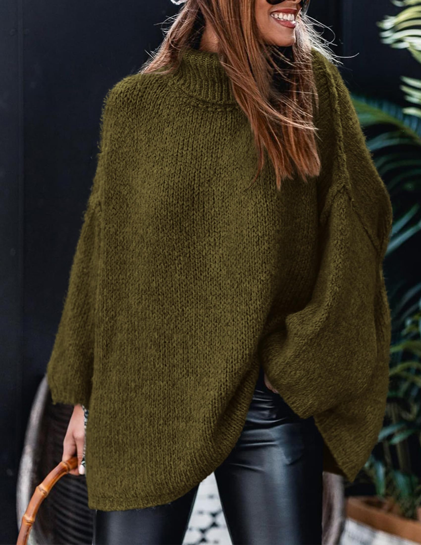 Womens Turtleneck Long Sleeve Oversized Sweaters,Army Green,S