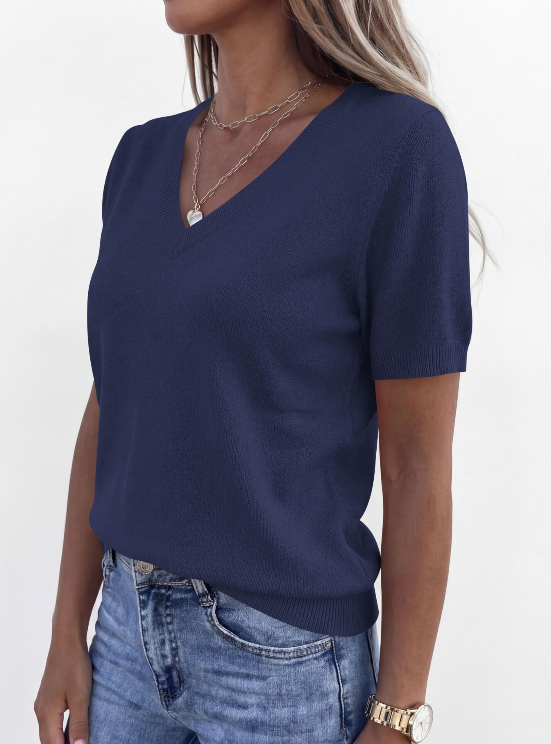 Womens Short Sleeve Sweater V Neck Tops,Navy Blue,S