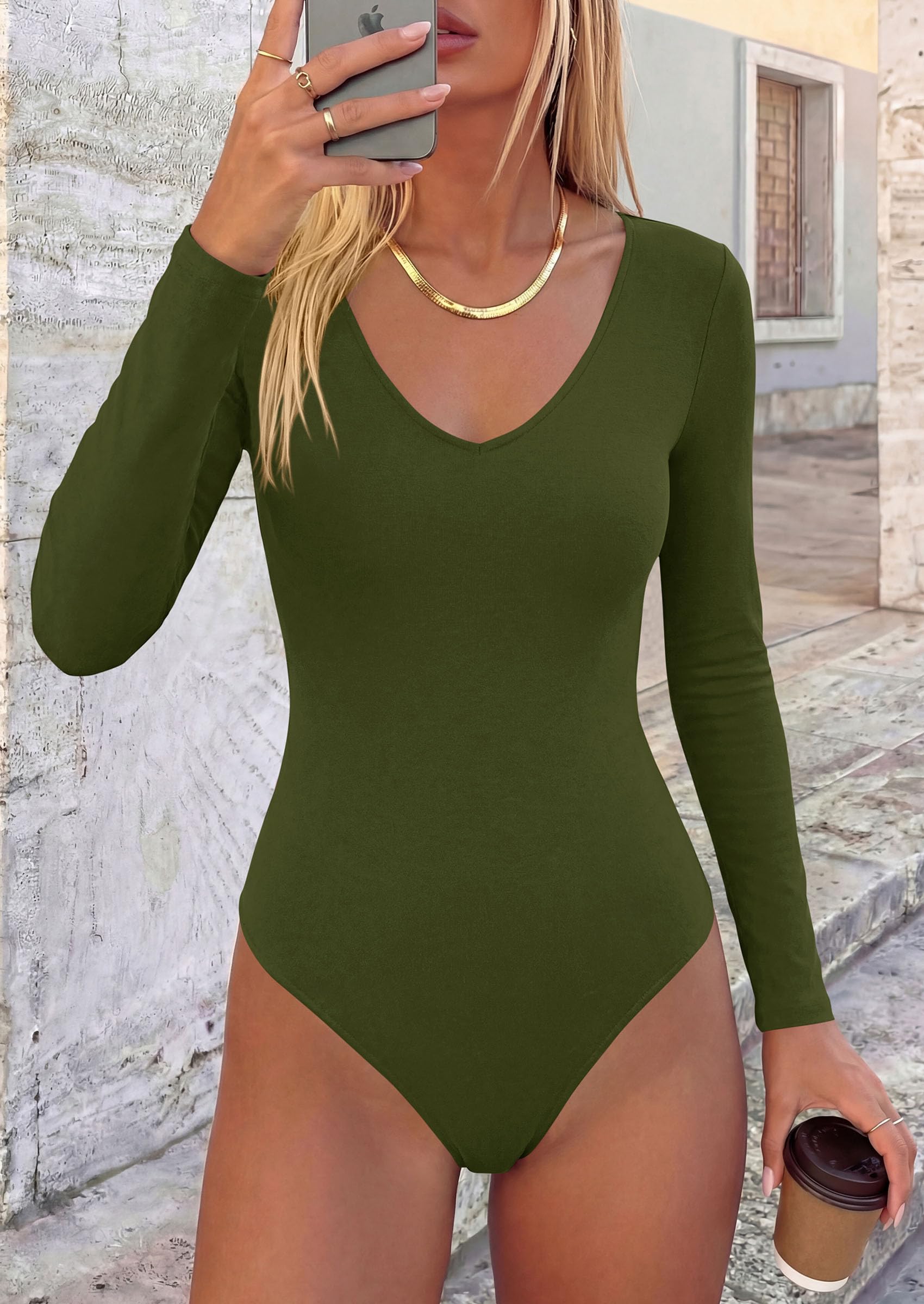 Women's V Neck Long Sleeve Bodysuits Tops (Army Green,XS)