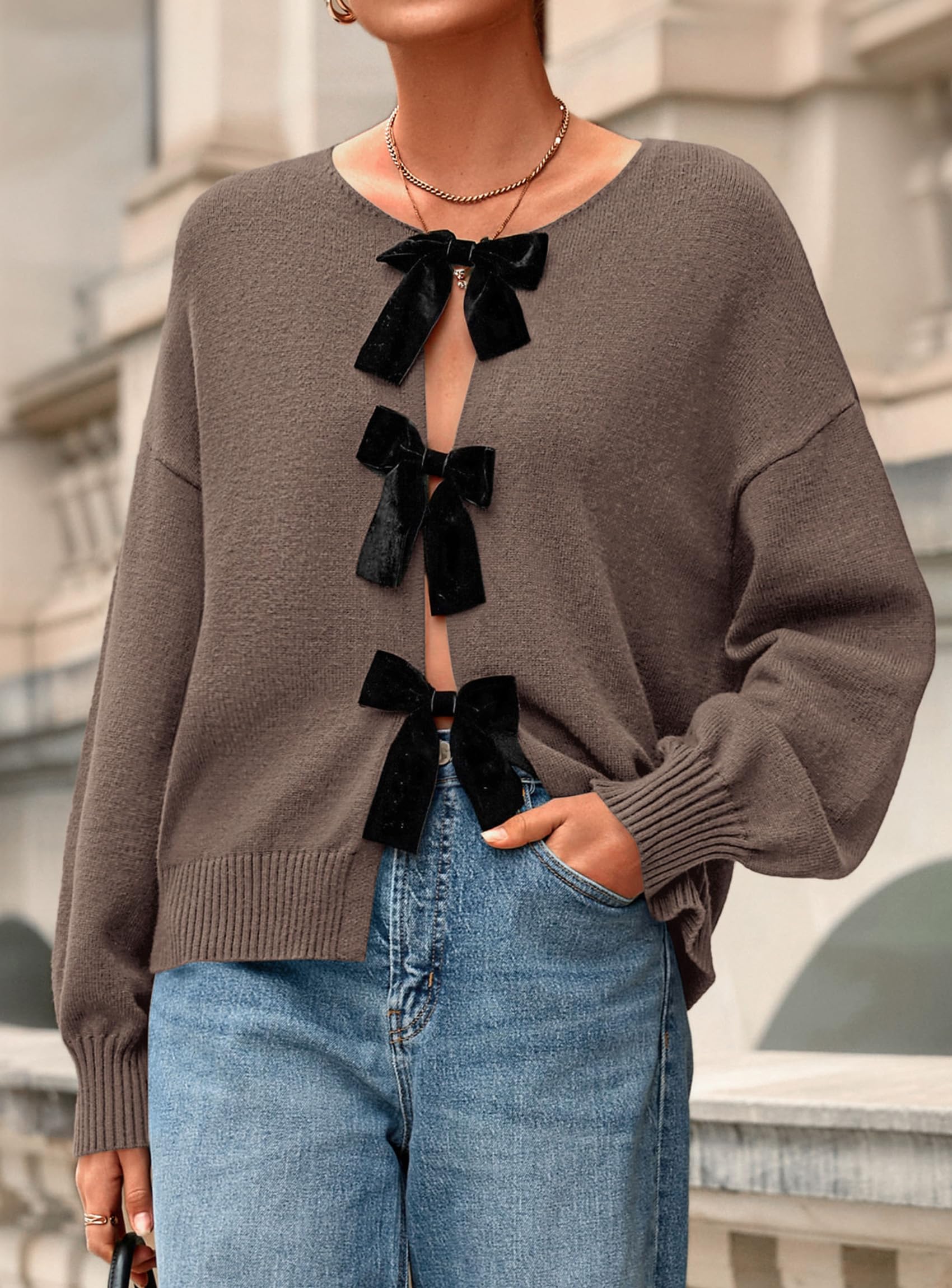 Women's Fall Bow Tie Front Cardigan Sweaters,Coffee,S