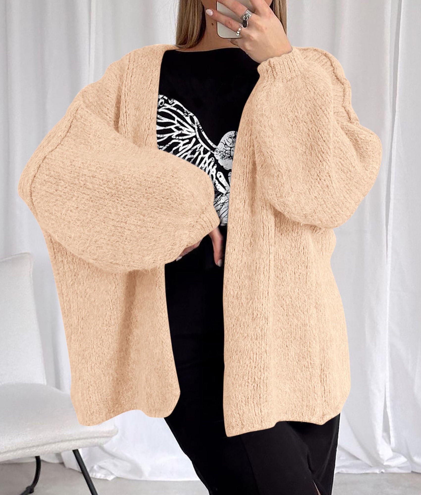 Womens Open Front Oversized Cardigan Sweaters,Apricot,XS