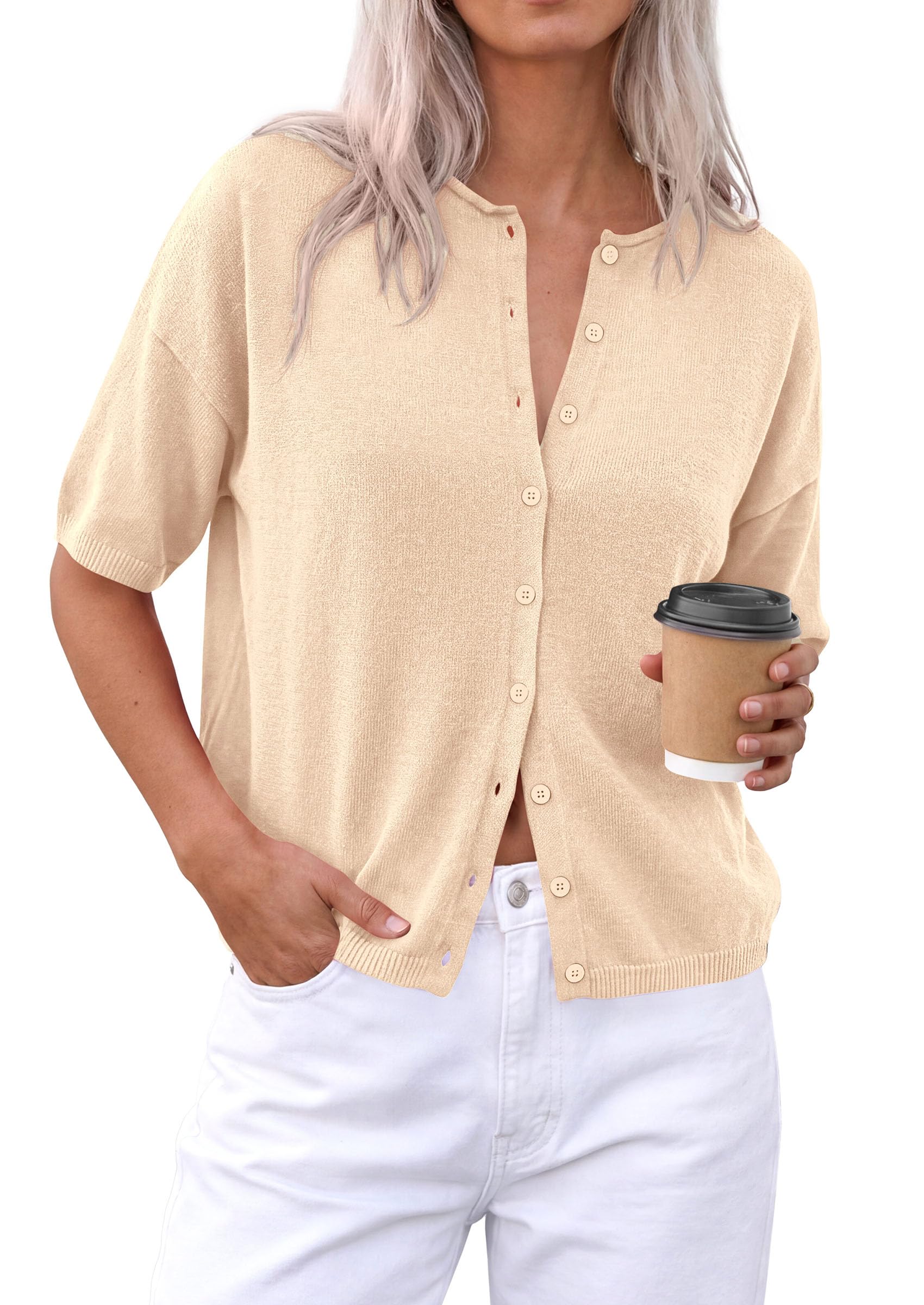 Women's Short Sleeve Cardigan Sweaters (Beige,Small)