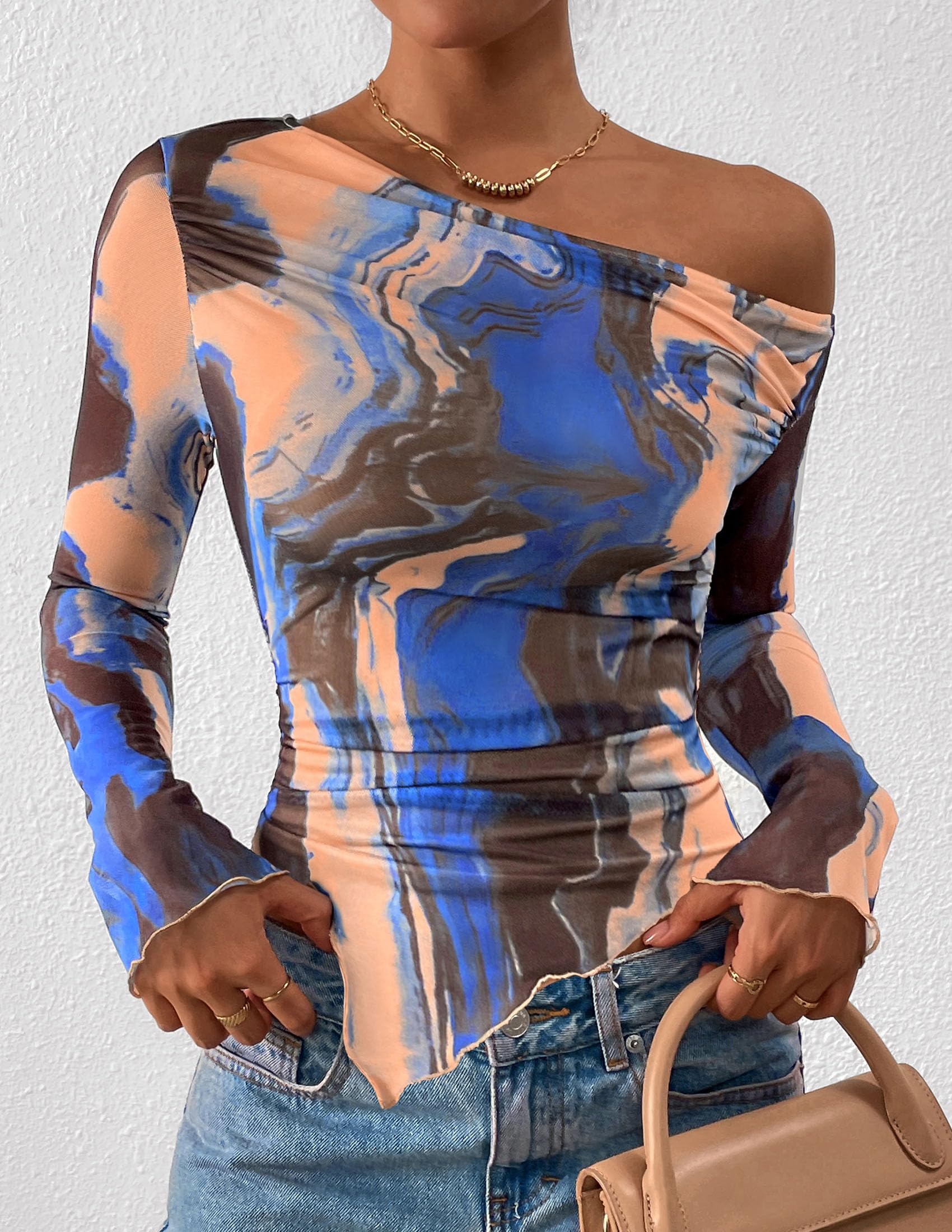 Womens Off Shoulder Mesh Y2k Tops,Blue Watercolour,XS