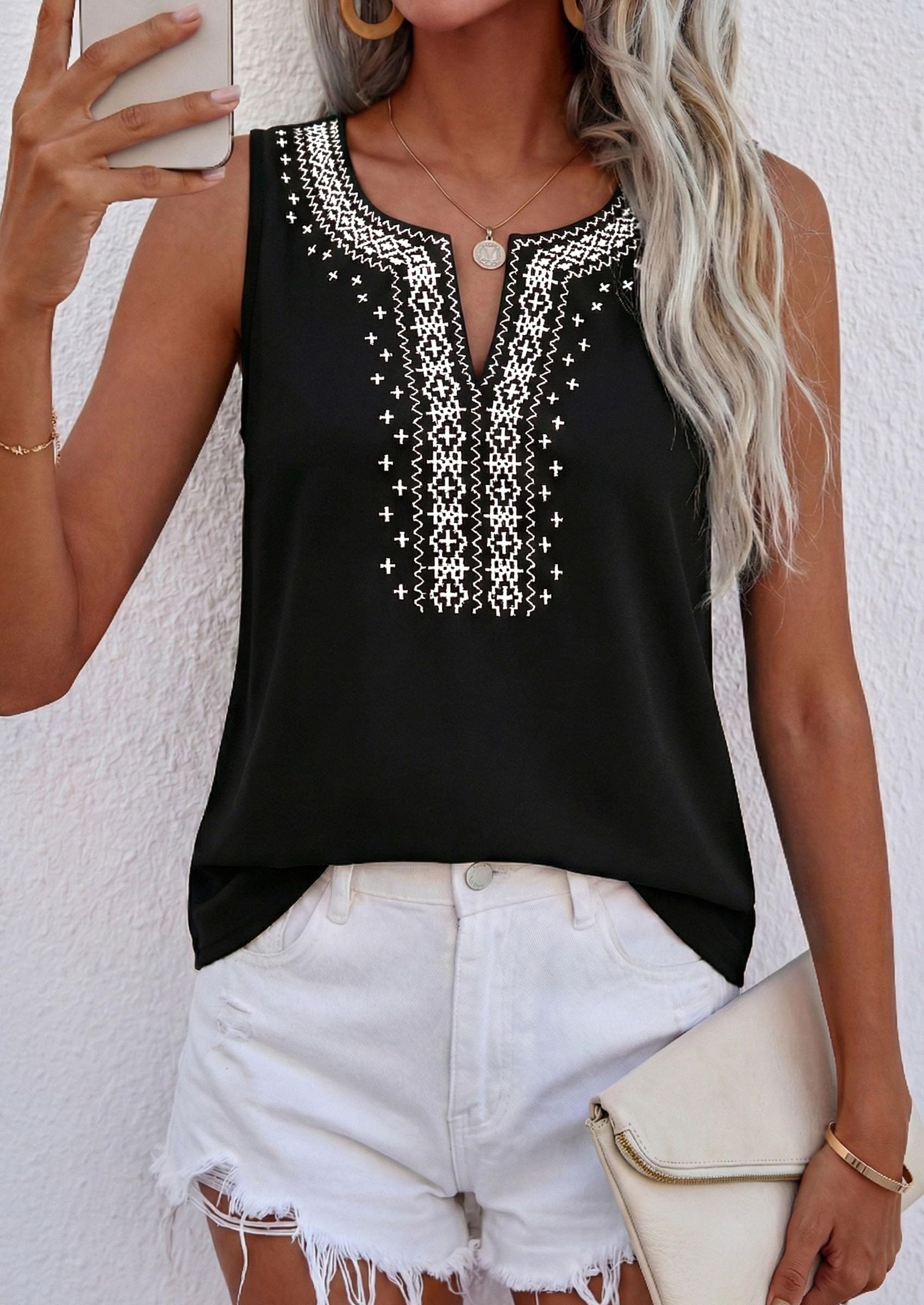 Womens Embroidered Sleeveless Tank Tops Black,S
