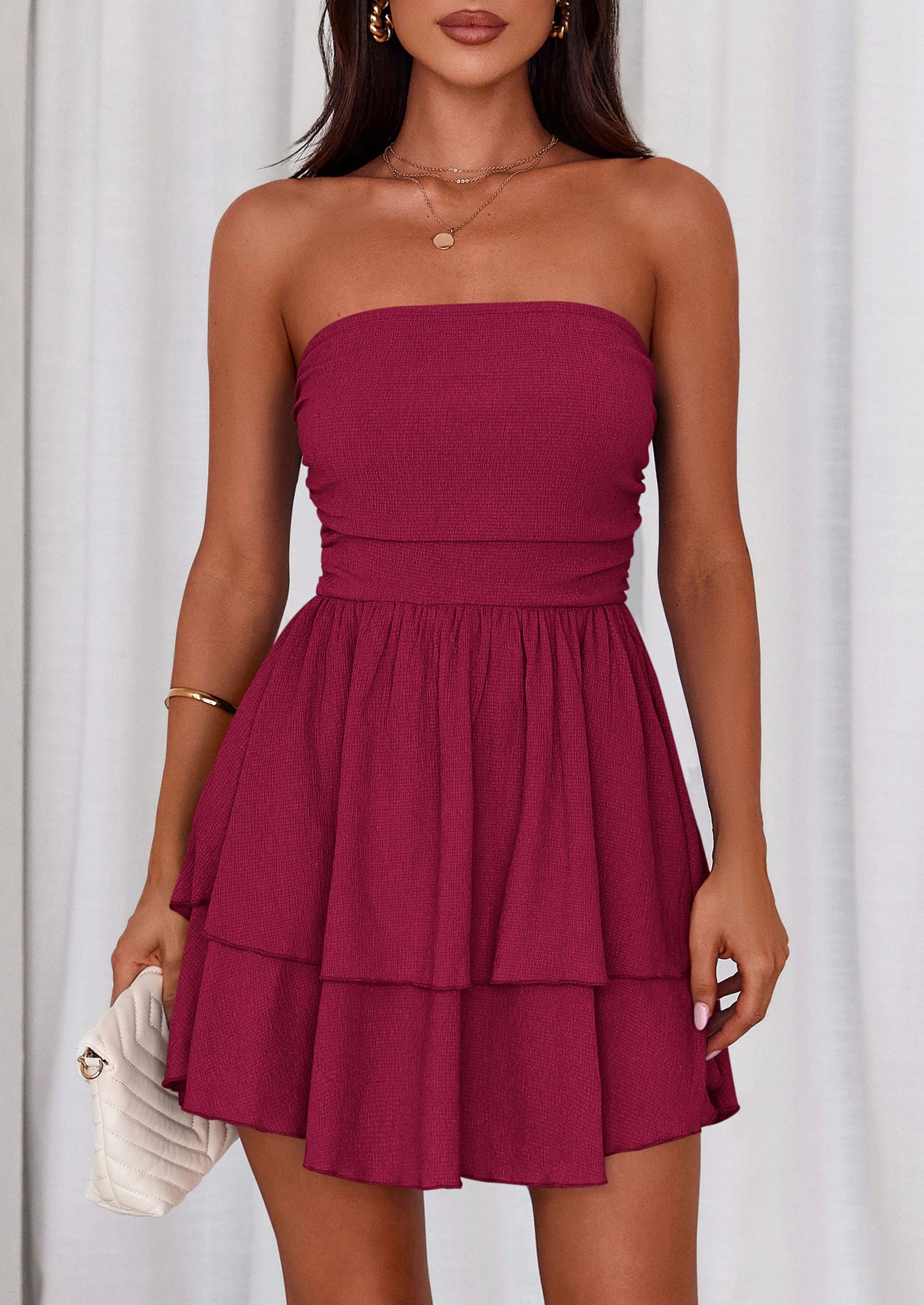 Women's Summer Strapless Flowy Mini Dresses (Burgundy,S)