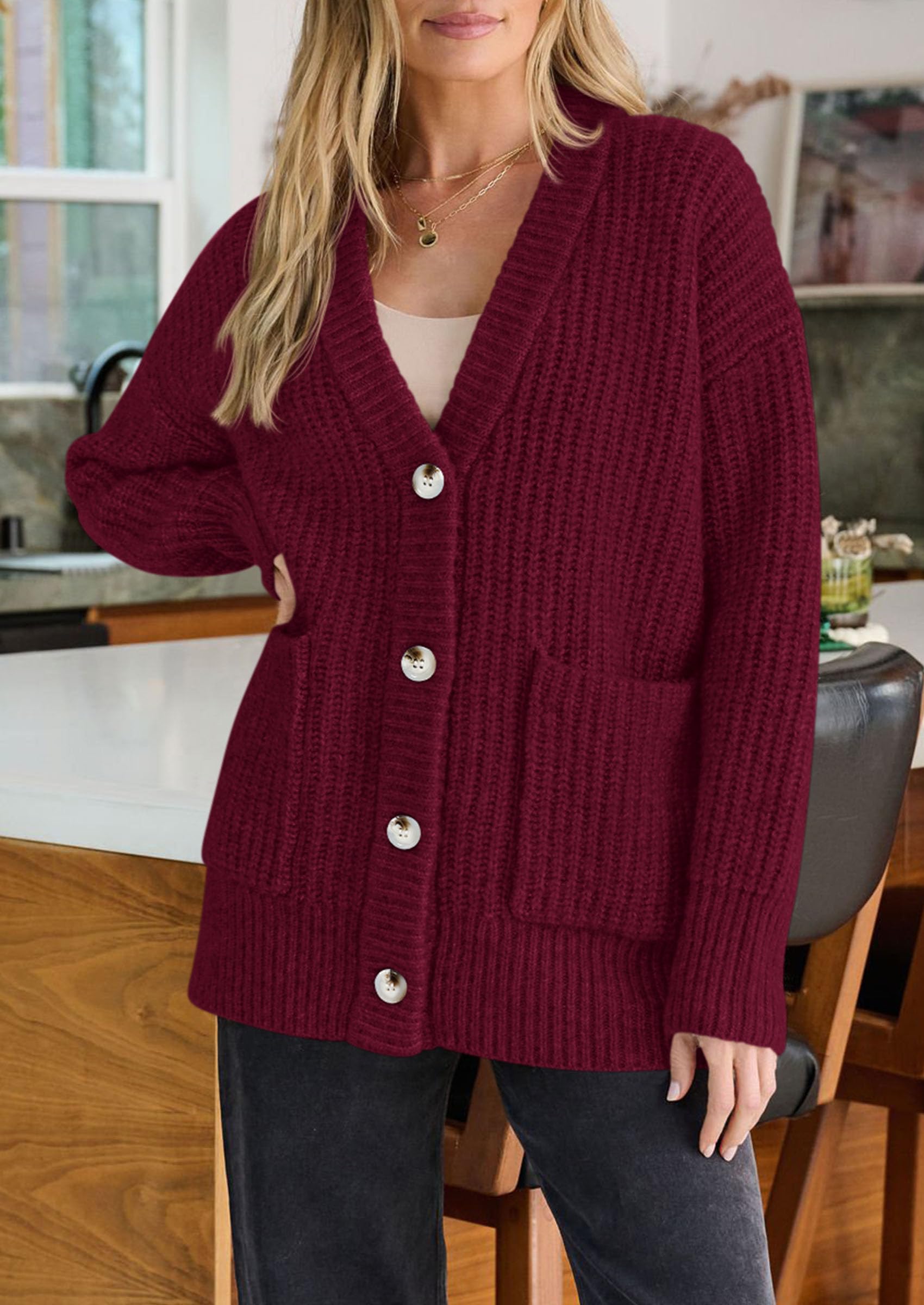 Oversized Cardigan Sweaters for Women Button Up,Burgundy,S