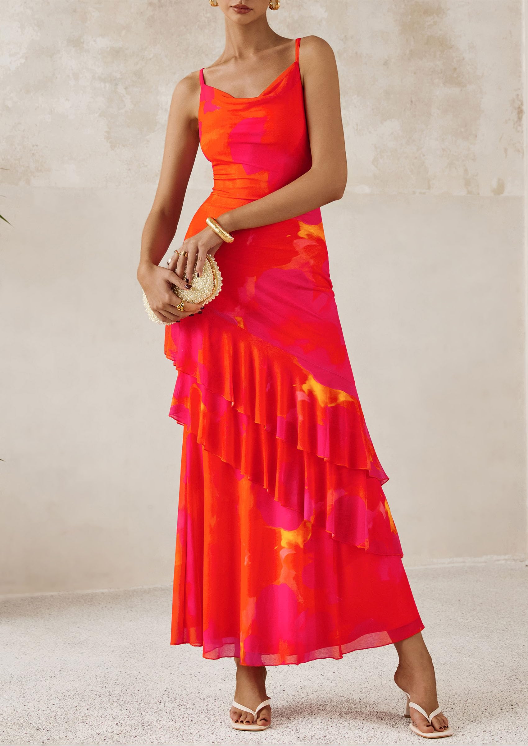 Women's Boho Floral Tiered Maxi Dress,Orange Red Big Floral,XS