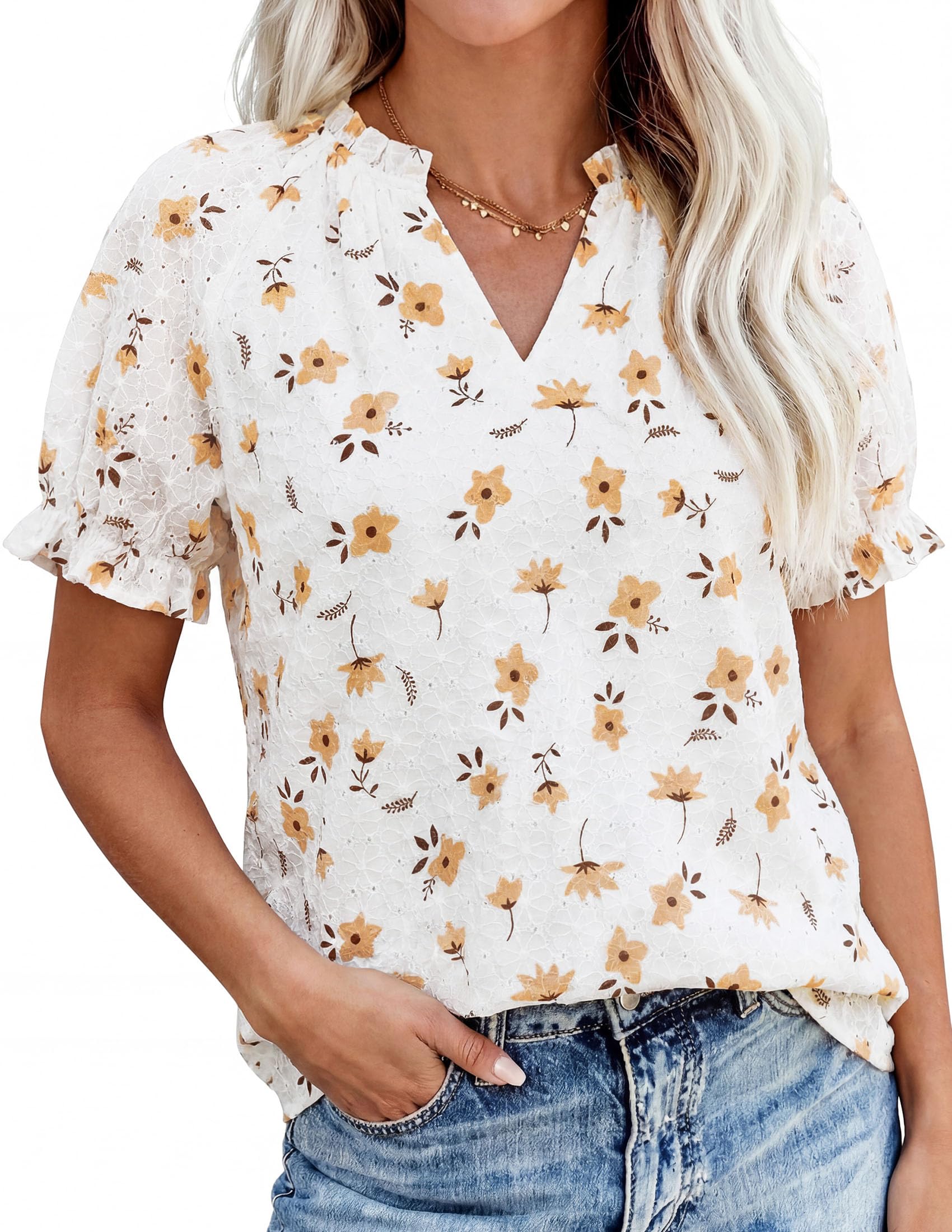 Womens Floral Short Sleeve Blouses,S Yellow Flower,S