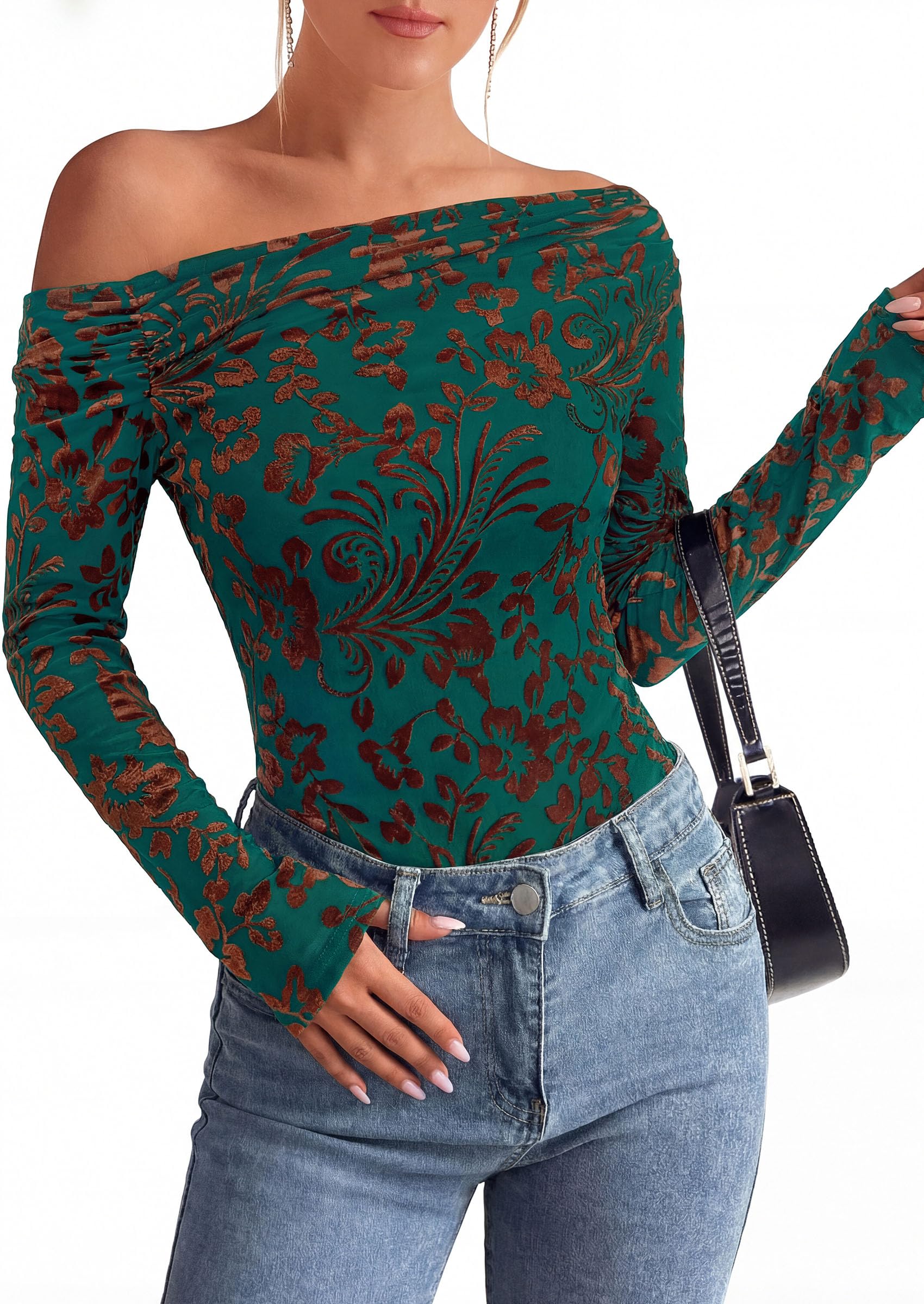 Off the Shoulder Tops for Women Fall Mesh Floral Blouses