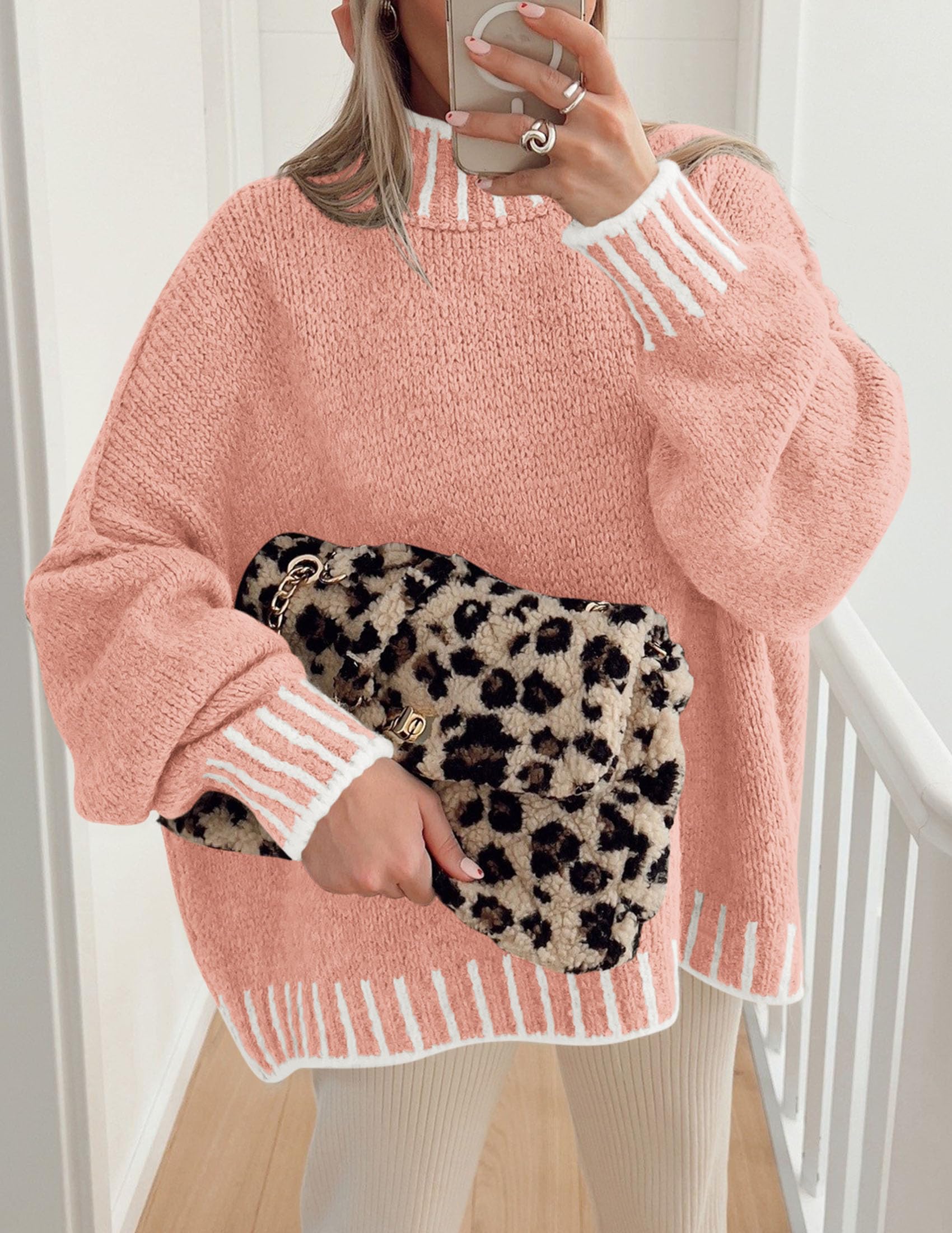 Women's Mock Neck Oversized Pullover Sweaters,Pink,XS