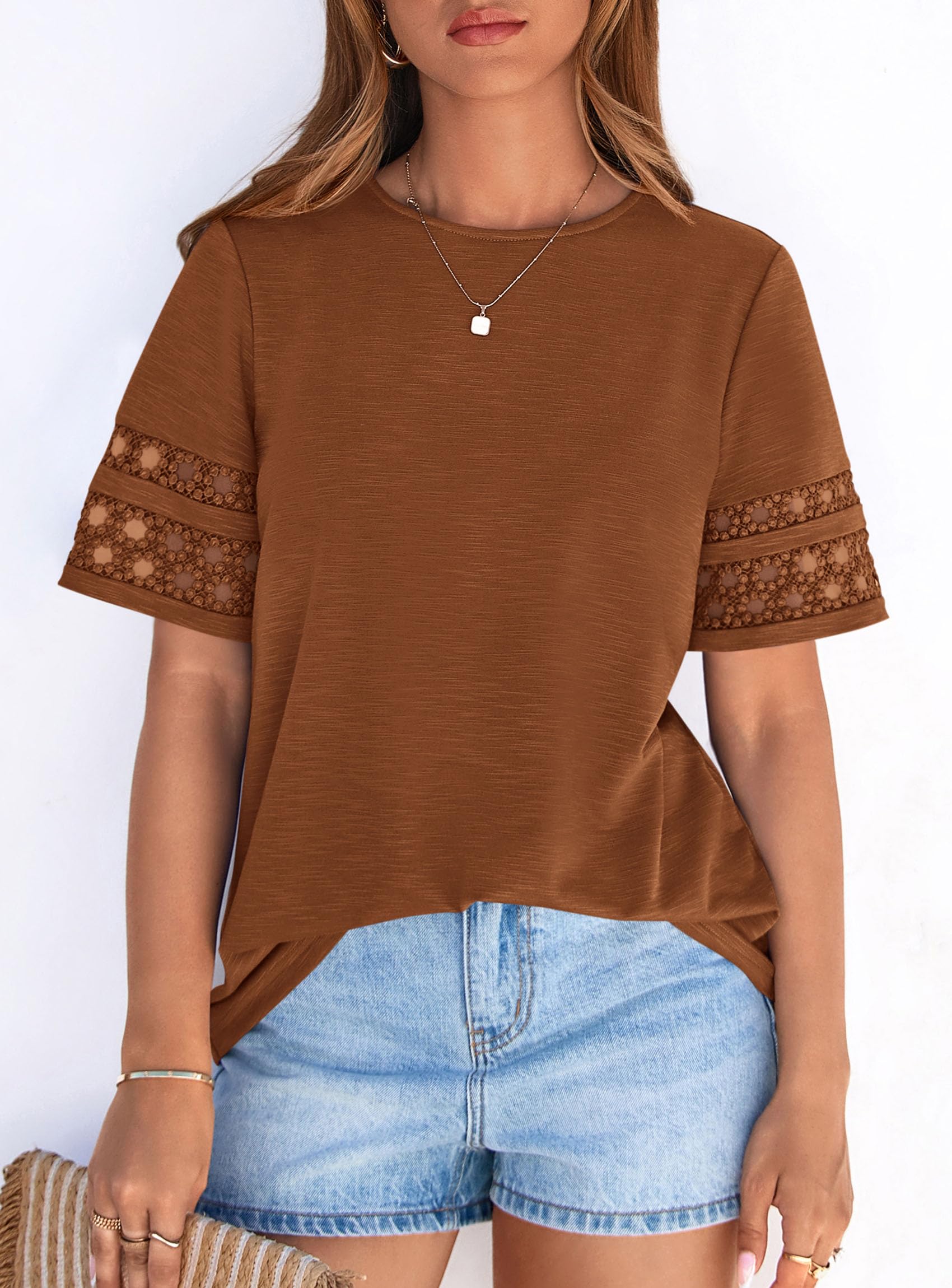 Women's Summer Short Sleeve Lace Trim T-Shirts,Caramel,S