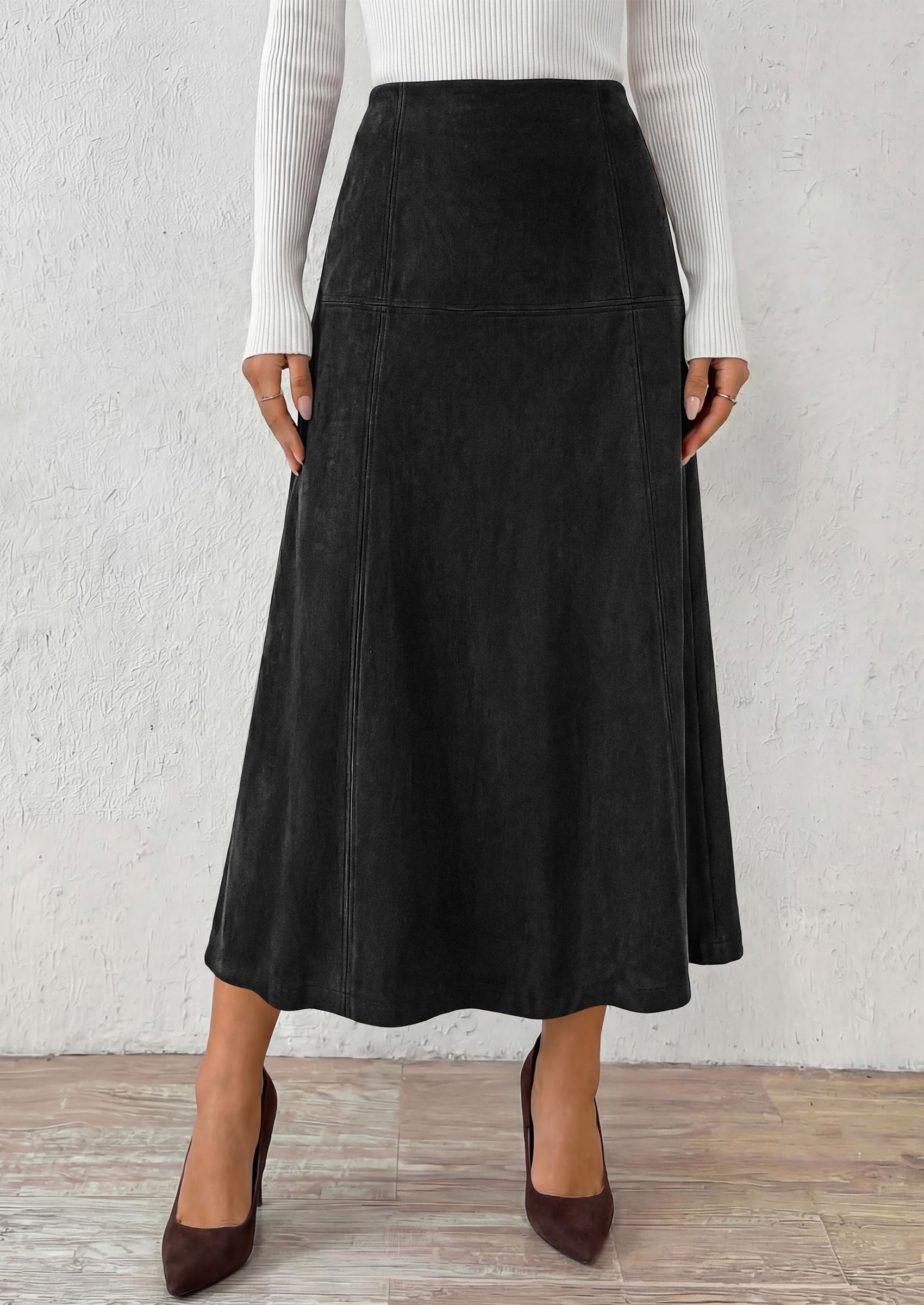 Womens High Waist Faux Suede A Line Midi Skirt,Black,S