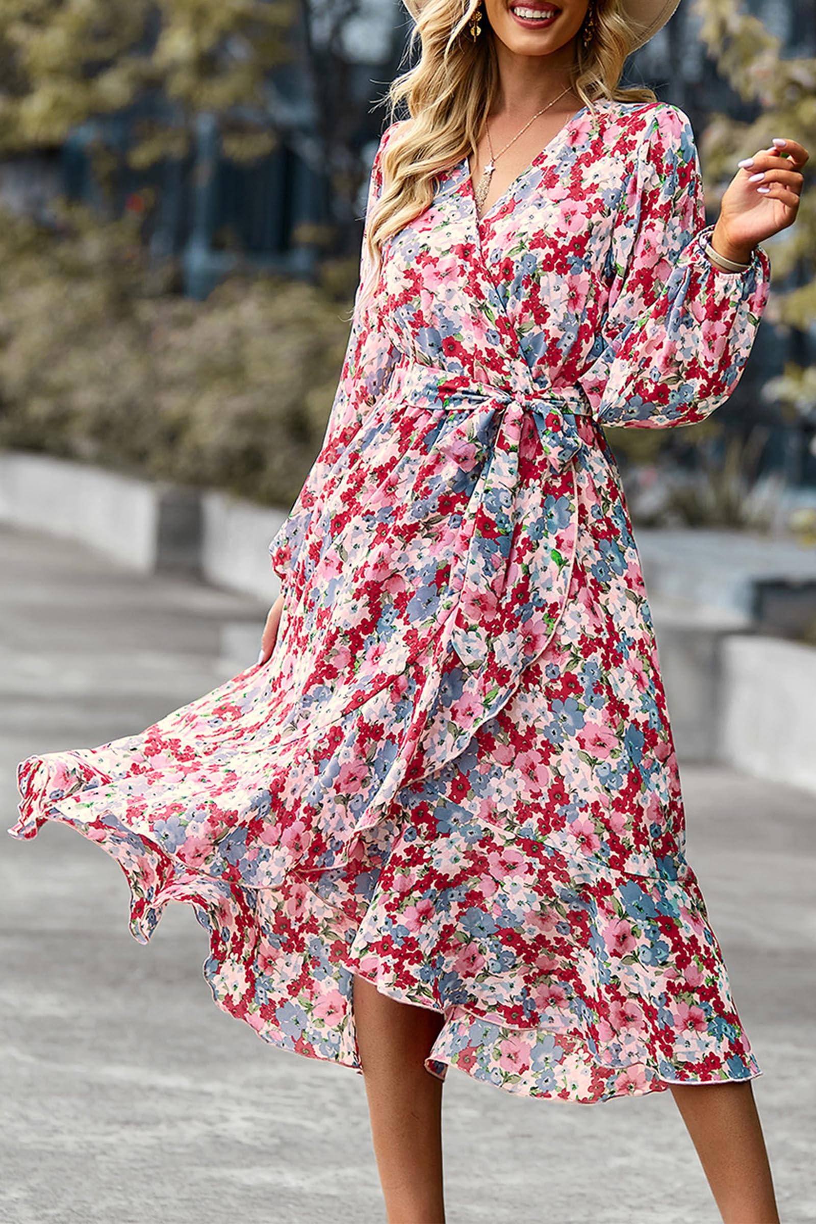 Women's Floral Boho Long Sleeve Maxi Dress, Floral Pink,S