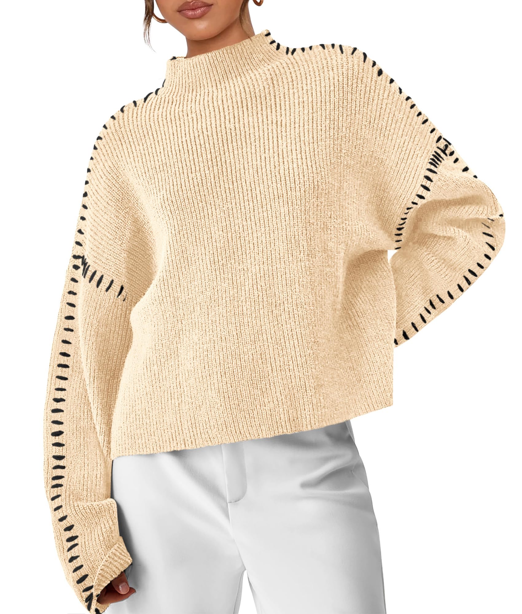 Womens Chunky Knit Oversized Pullover Sweaters,Beige,S