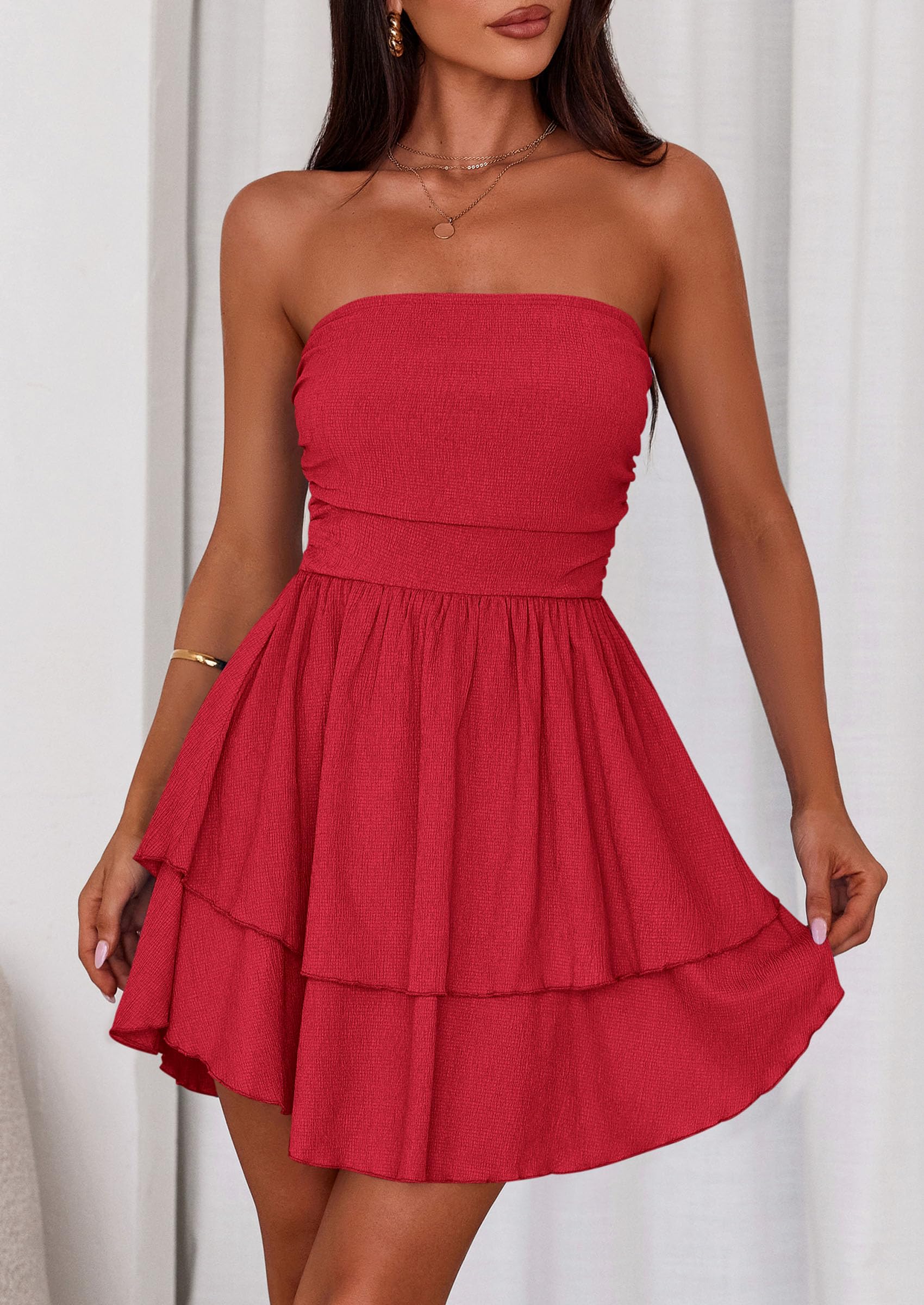 Women's Summer Strapless Flowy Mini Dresses (Red,S)