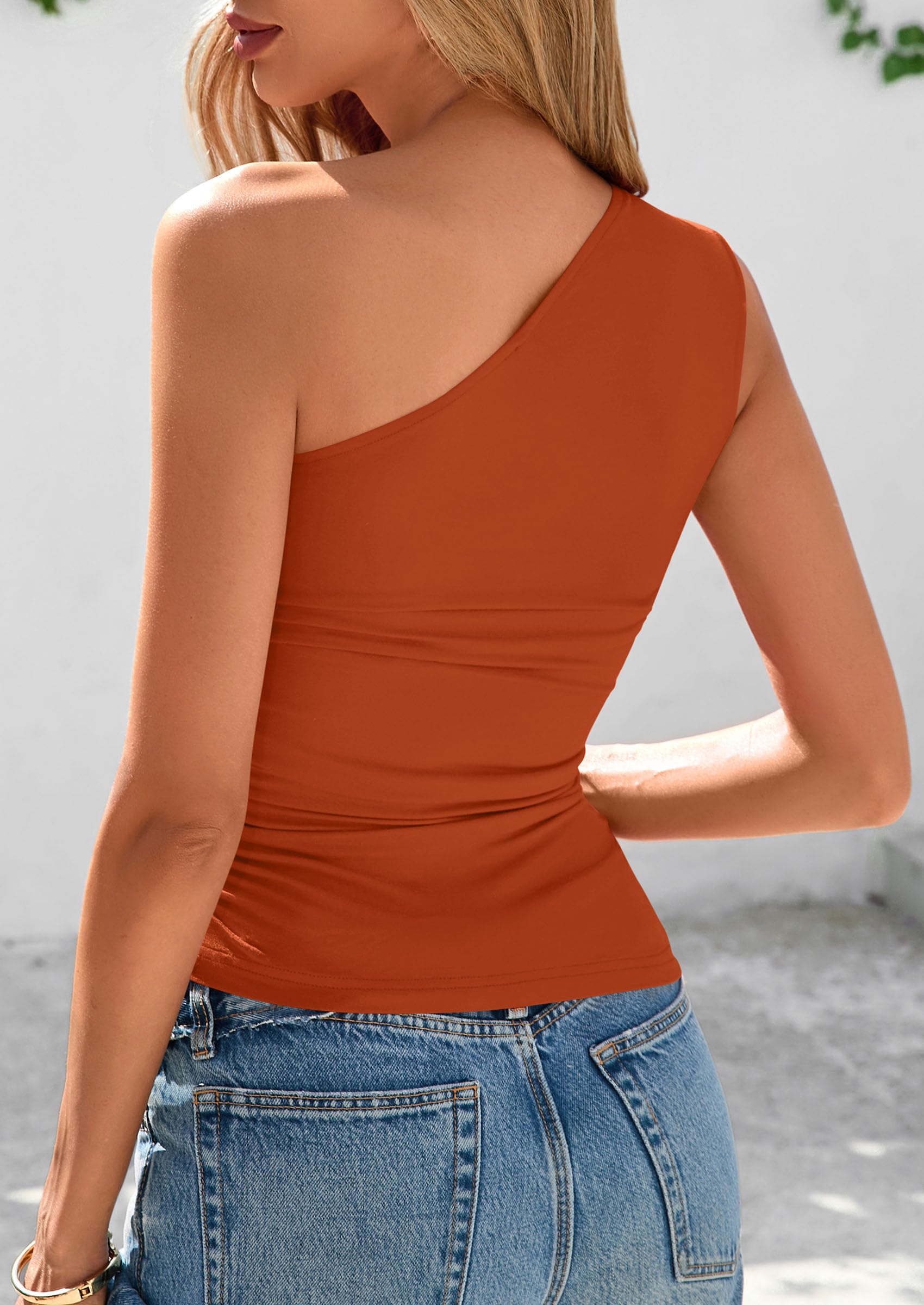 One Shoulder Summer Tops for Women,Rust Red,XS