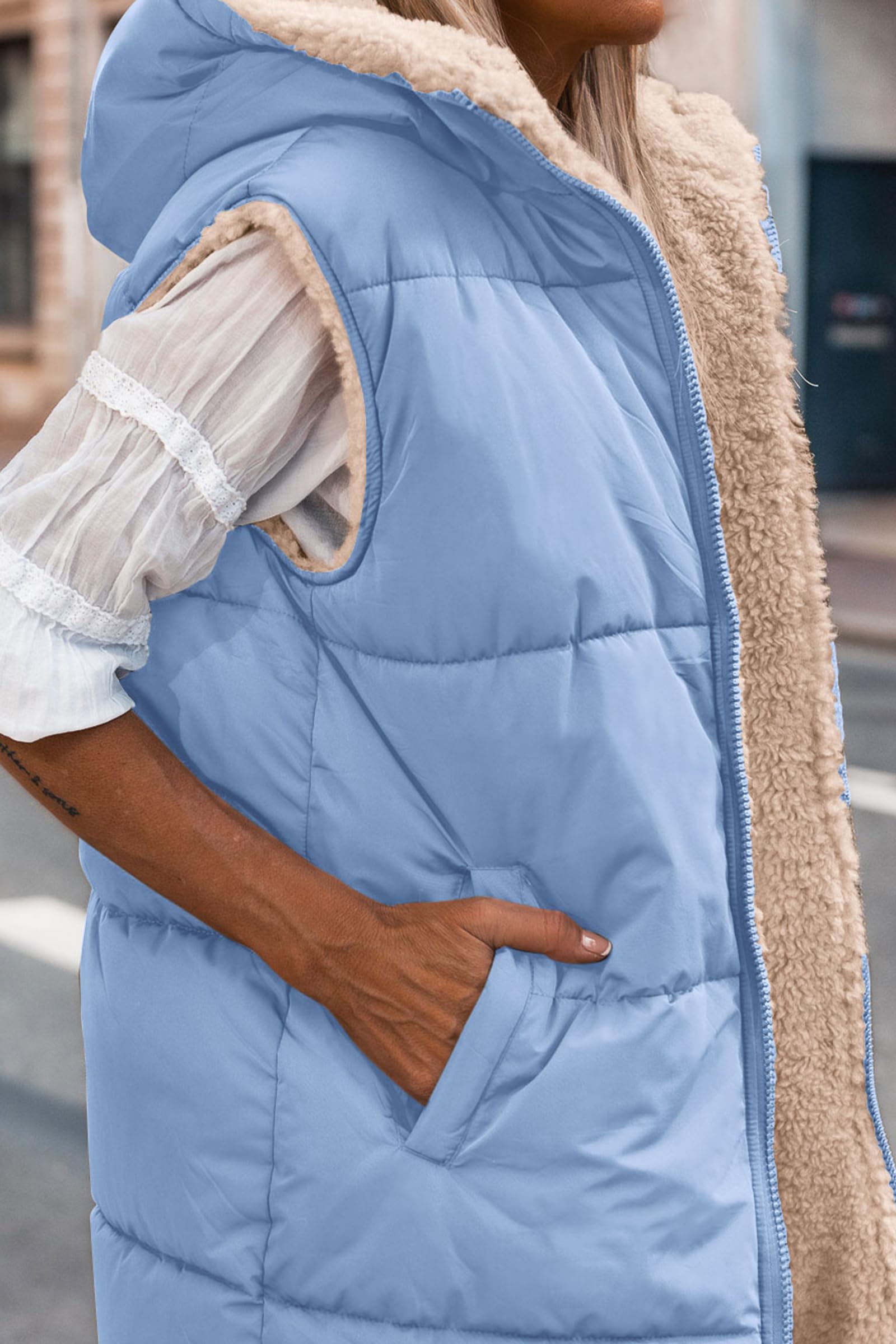 Women's Winter Reversible Fleece Long Vests(Light Blue,S)