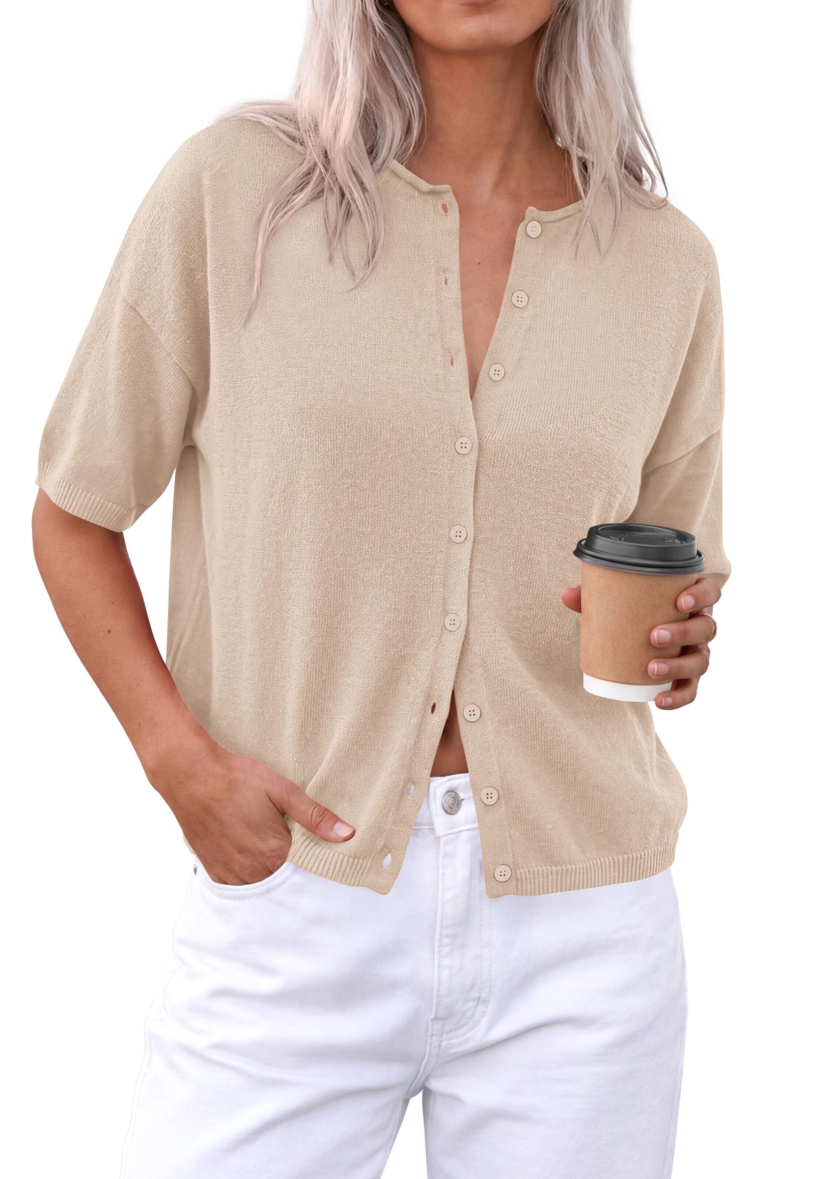 Women's Short Sleeve Cardigan Sweaters (Light Khaki,Small)