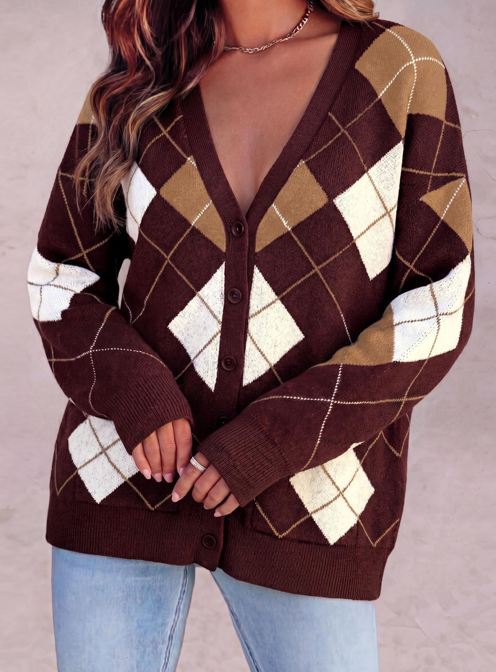 Women's Cardigan Argyle Winter Sweaters (Plaid Wine Red,S)
