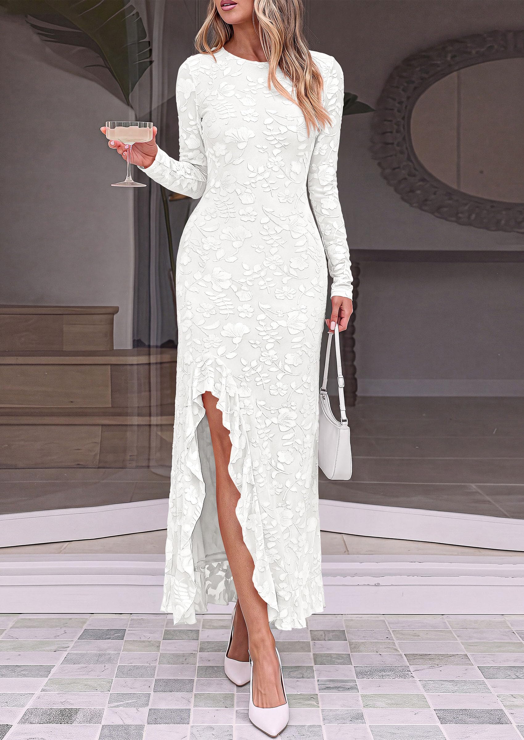 Women's Formal Maxi Floral Dresses with Slit (White,XS)