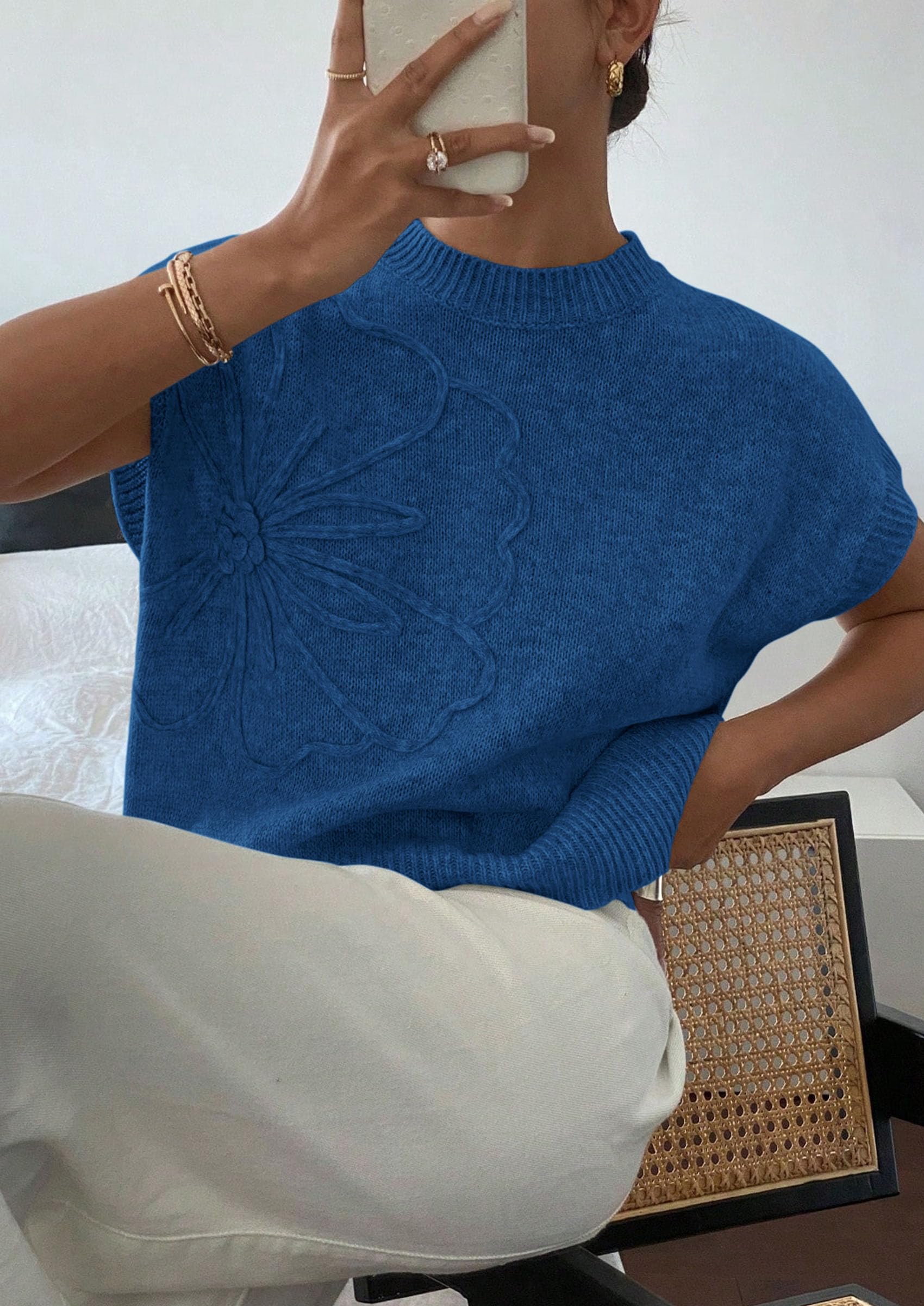 Women's Summer Short Cap Sleeve Sweater Vest (Dark Blue,S)