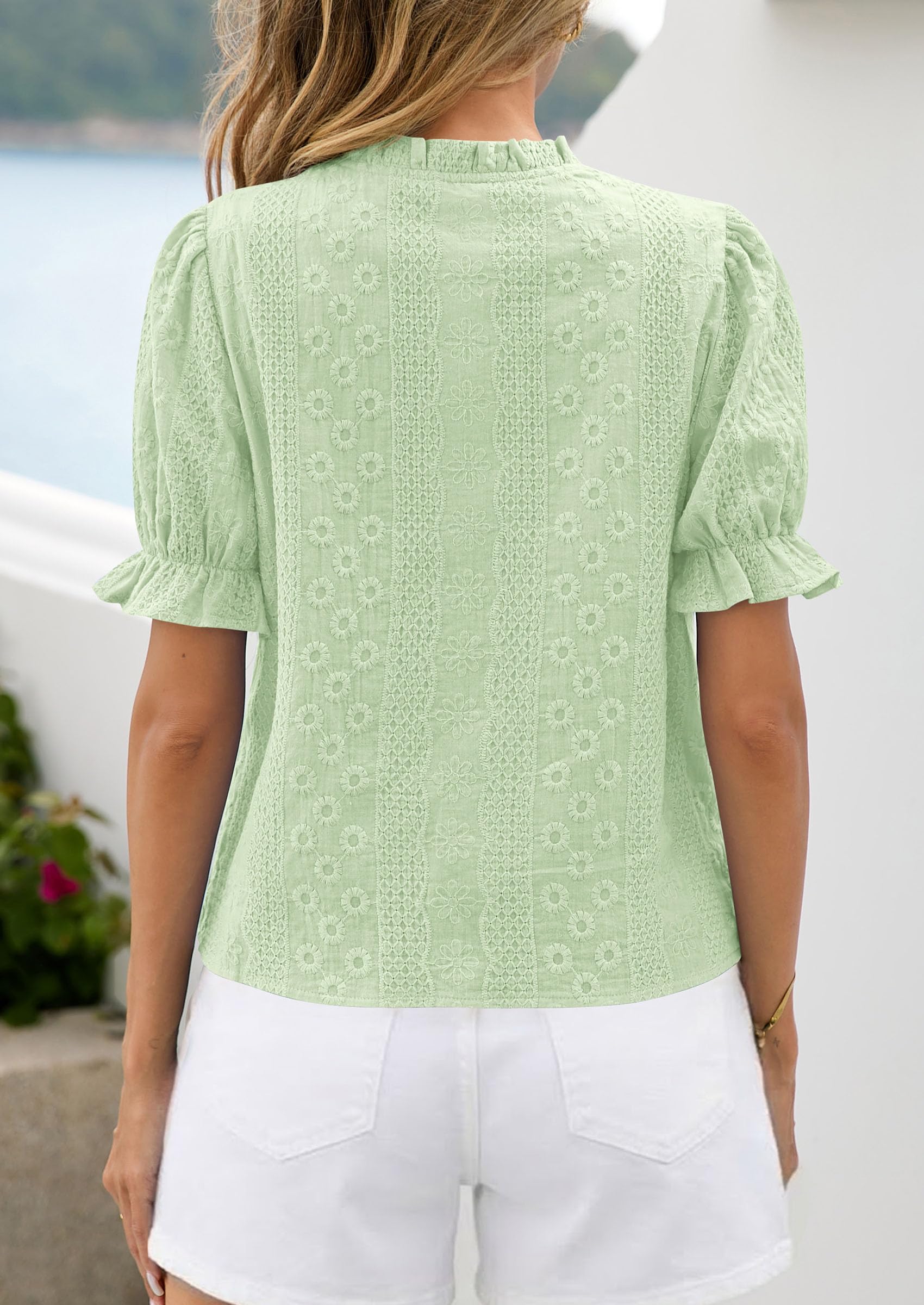 Womens Embroidered Puff Short Sleeve Tops,Light Green,S