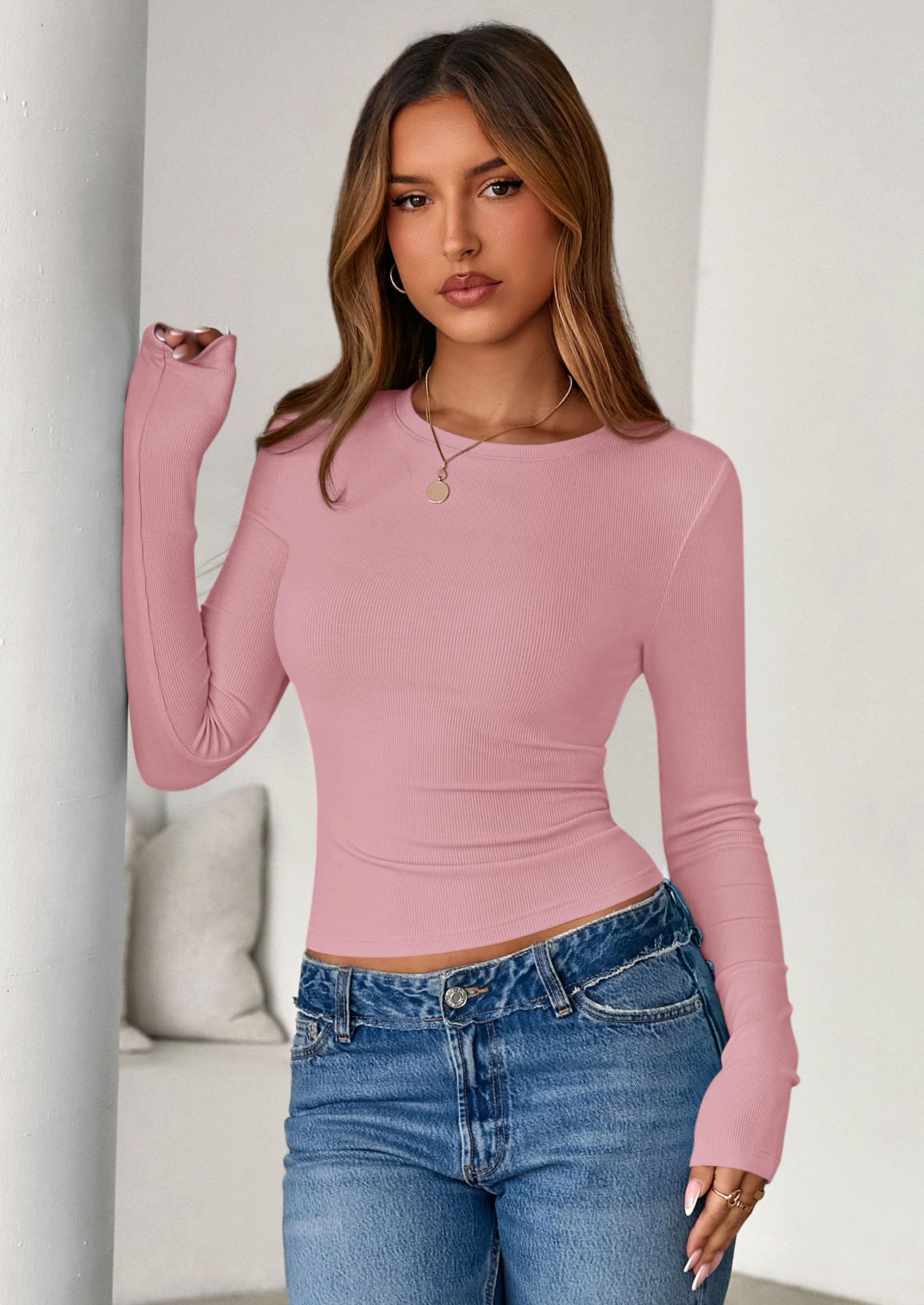 Women's Fall Long Sleeve Shirts Basic Tees (Pink,XS)