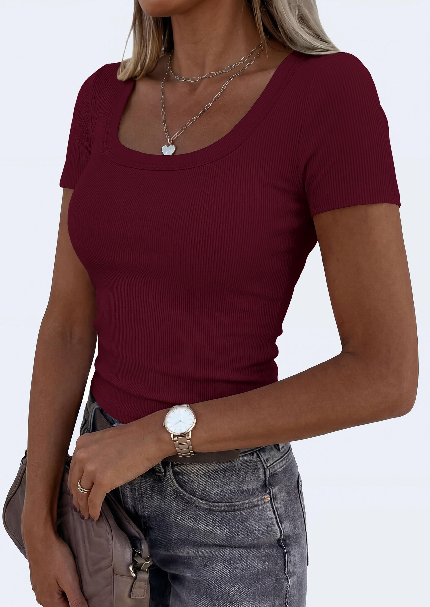 Womens Summer Short Sleeve Scoop Neck Tops,Burgundy,S