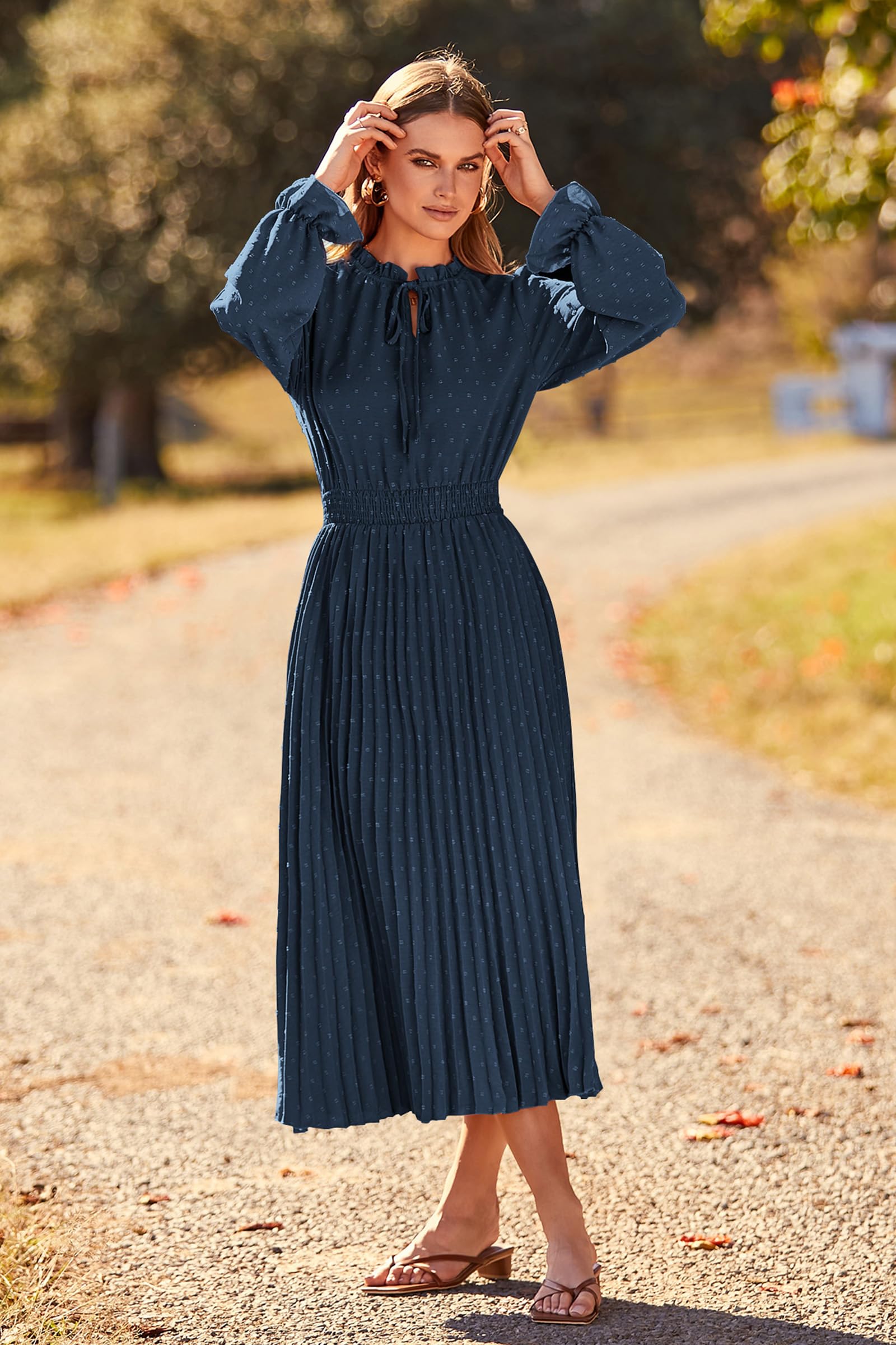 Women's Fall Midi Wedding Guest Dress(Navy,Small)